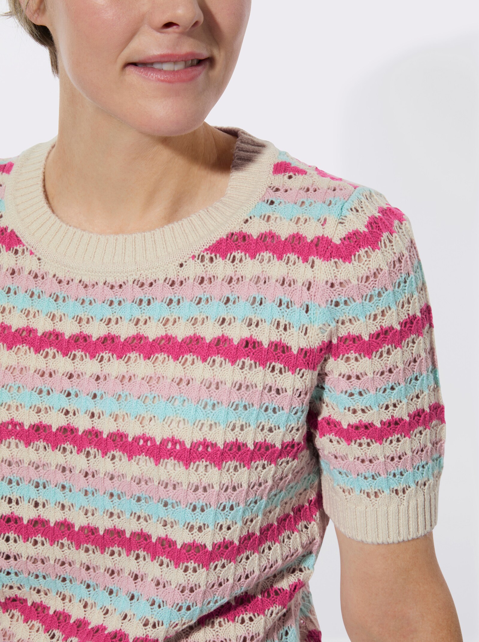 Ajourpullover mit Ringel-Muster - sand-fuchsia-geringelt