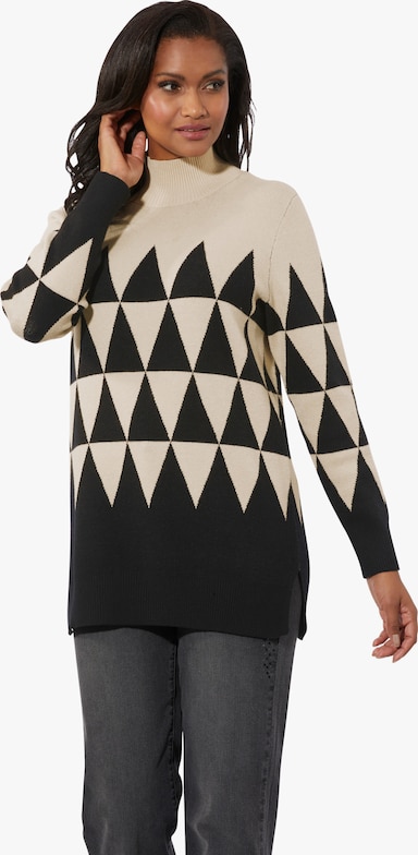 Lange pullover - zand/zwart gedessineerd