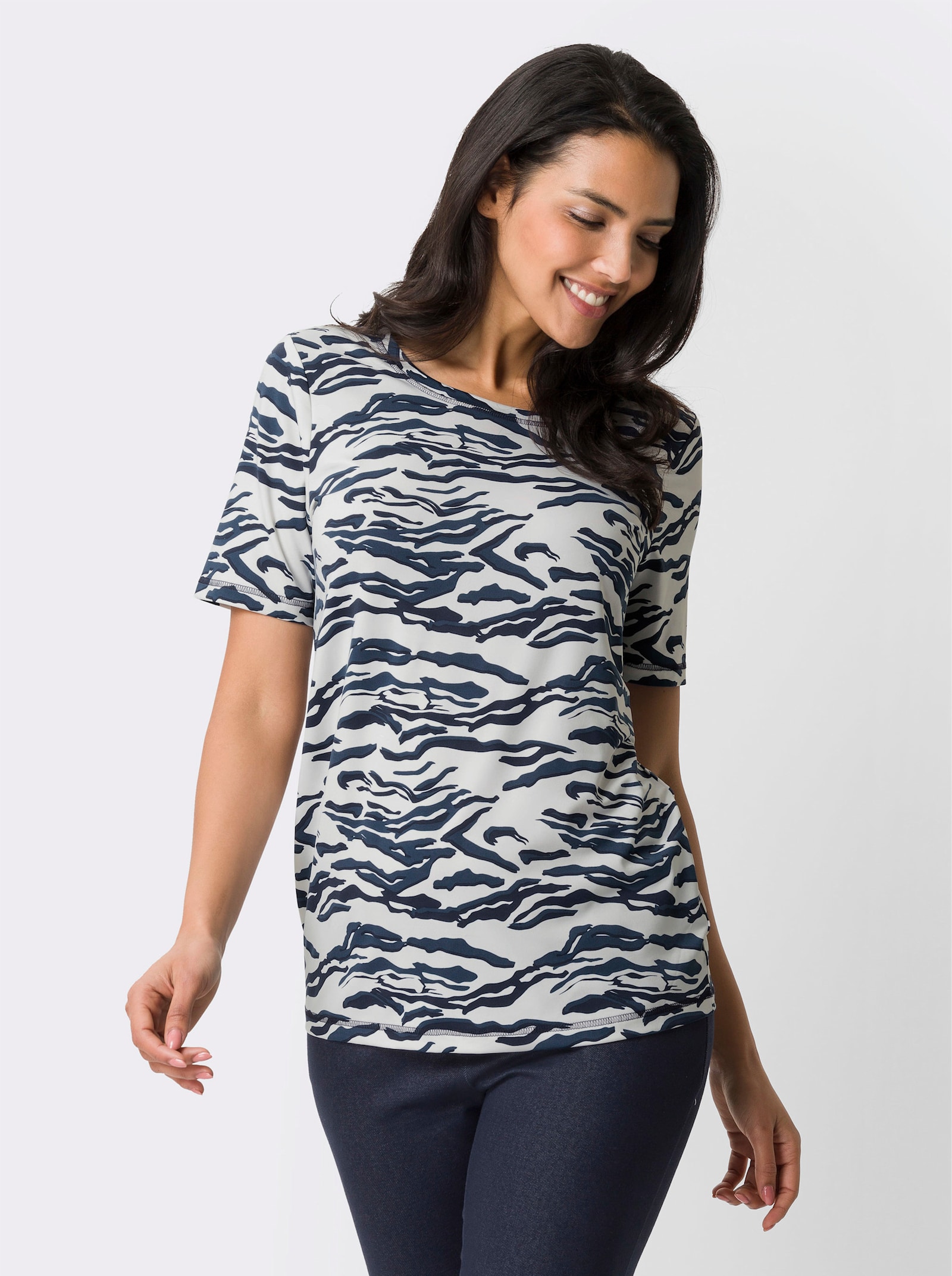 Rundhalsshirt mit Stretch - ecru-marine-bedruckt