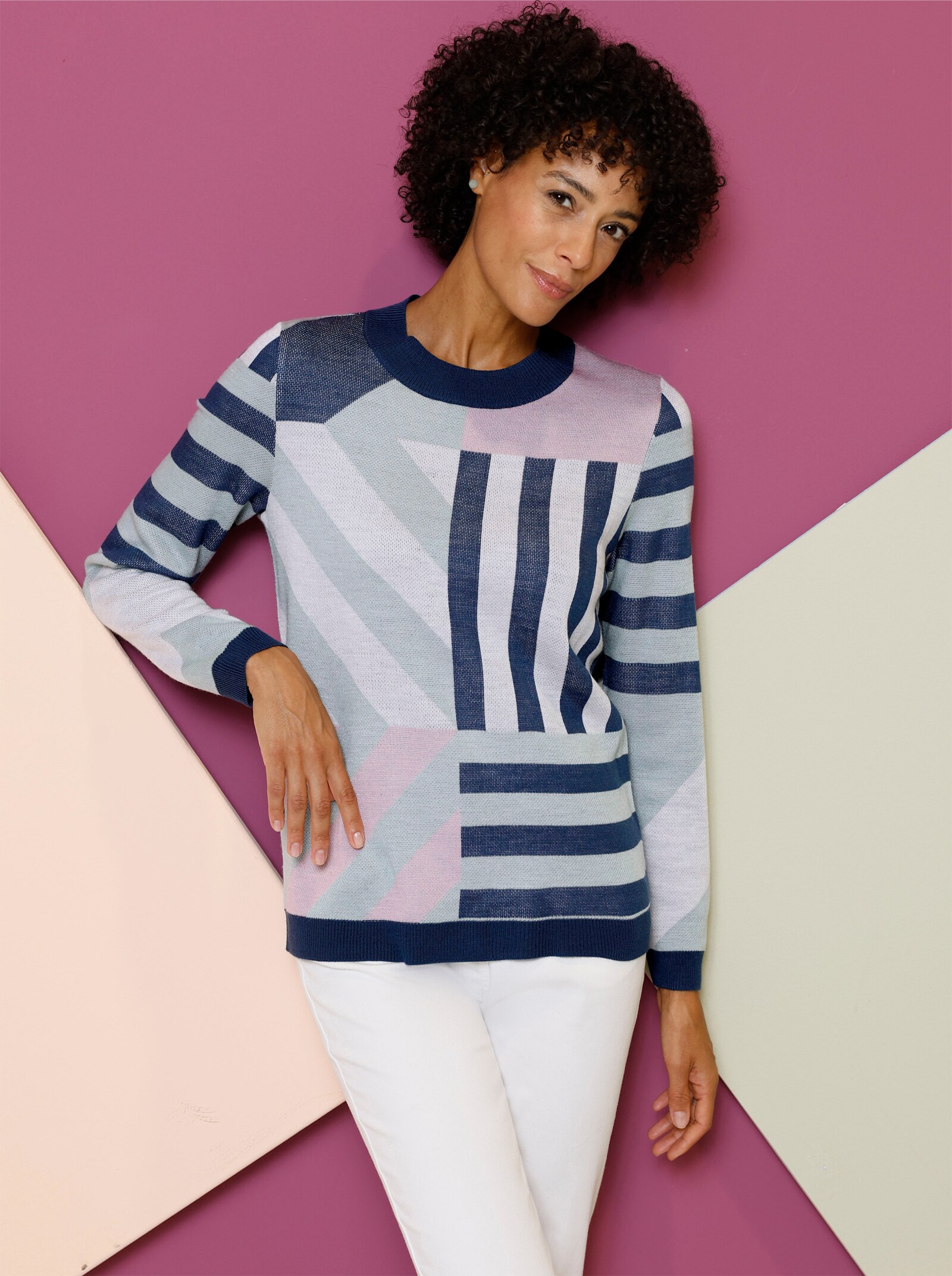 Jacquardpullover in grafischem Muster - kalkmint-rosé-gemustert