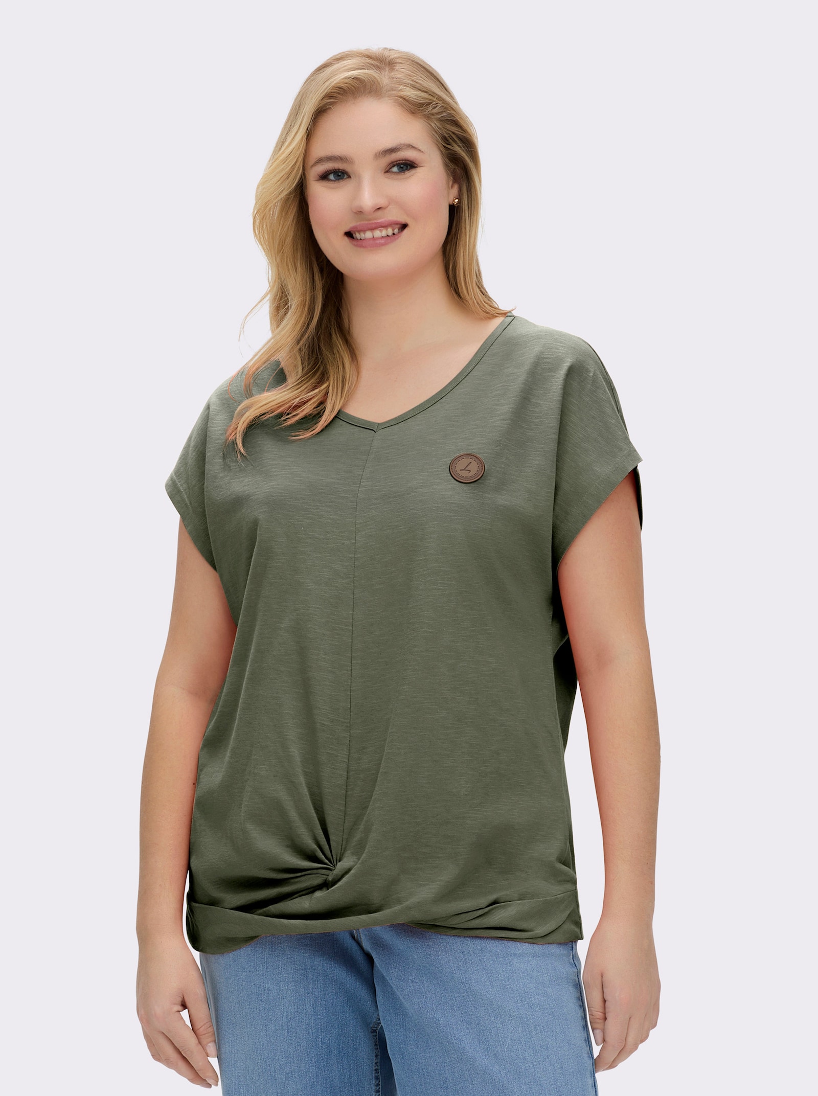 Kurzarmshirt Saum in Knoten-Optik - khaki