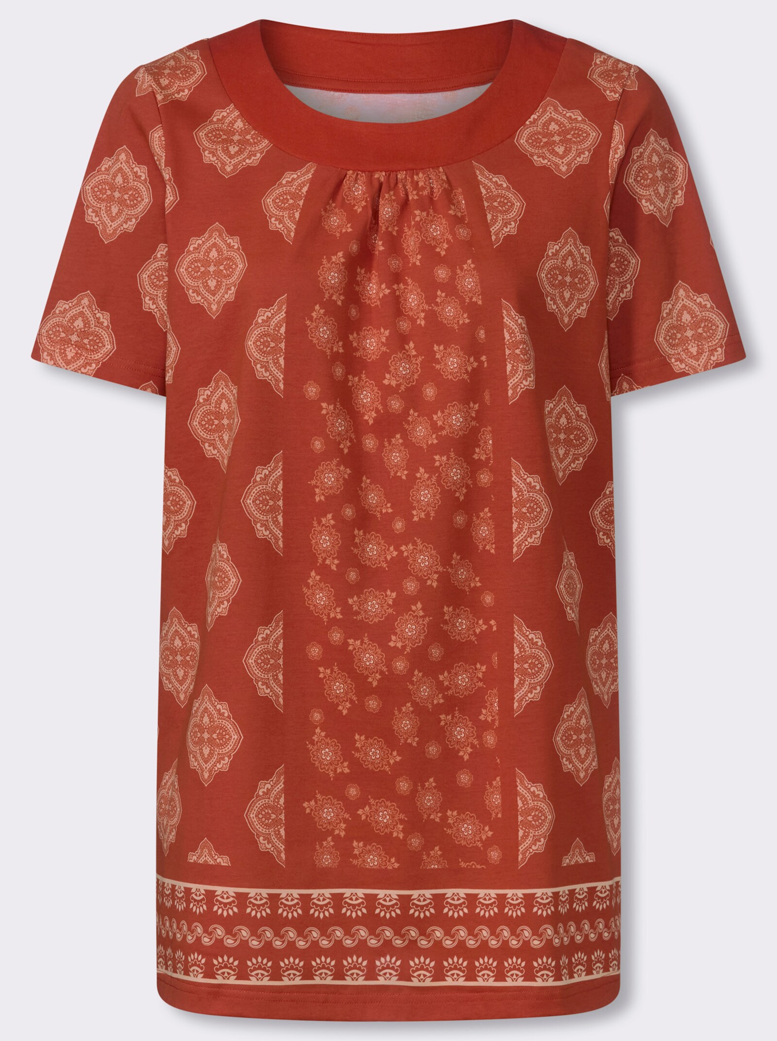 Longshirt mit gekräuseltem Rundhals-Ausschnitt - rostrot-apricot-bedruckt