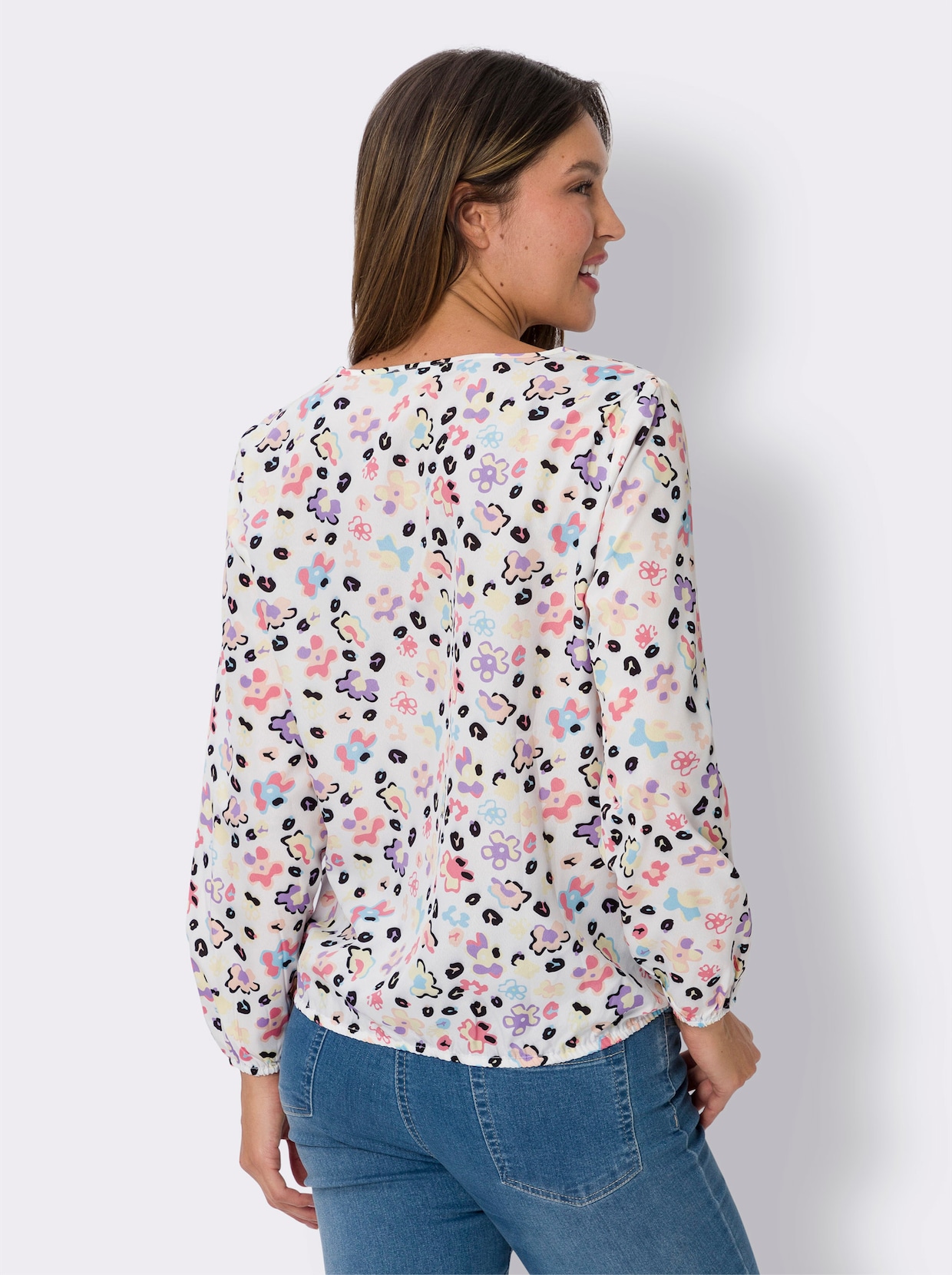 Comfortabele blouse - ecru/flamingo bedrukt
