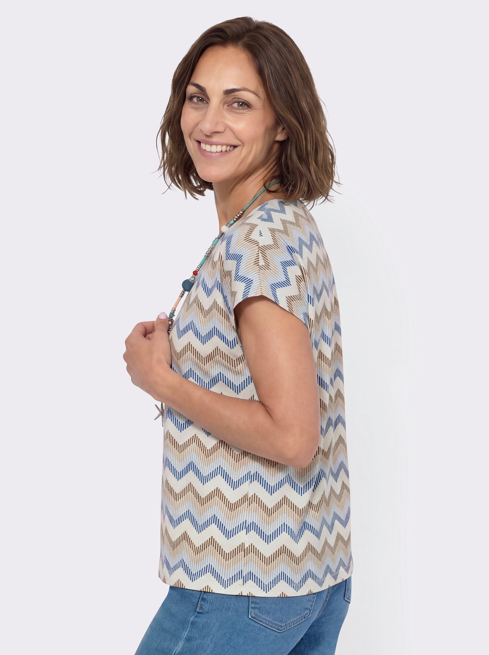 Kurzarmshirt im Zickzack-Muster - hellblau-beige-bedruckt