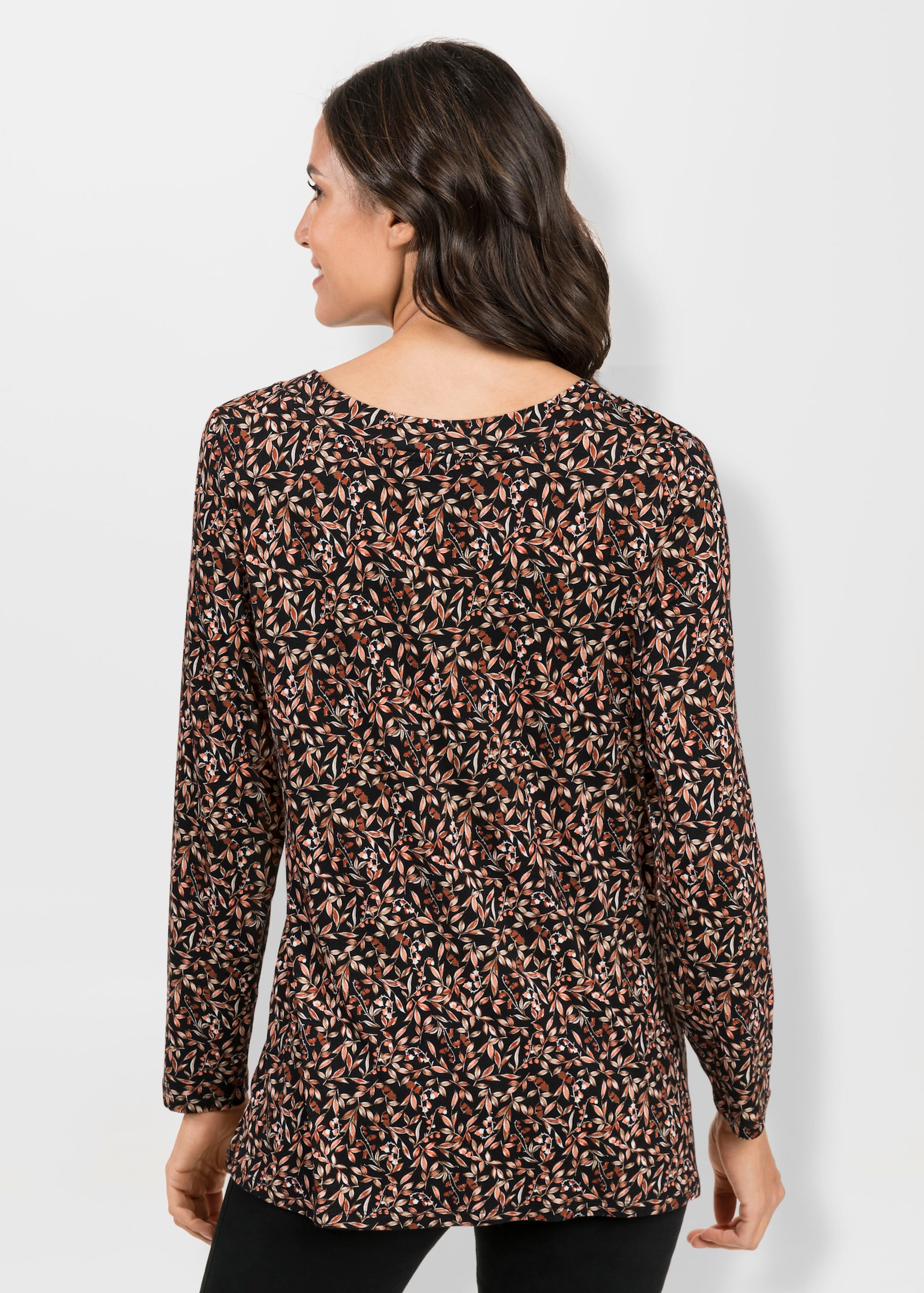 Tunikashirt mit Raffung am Ausschnitt - schwarz-rostrot-bedruckt