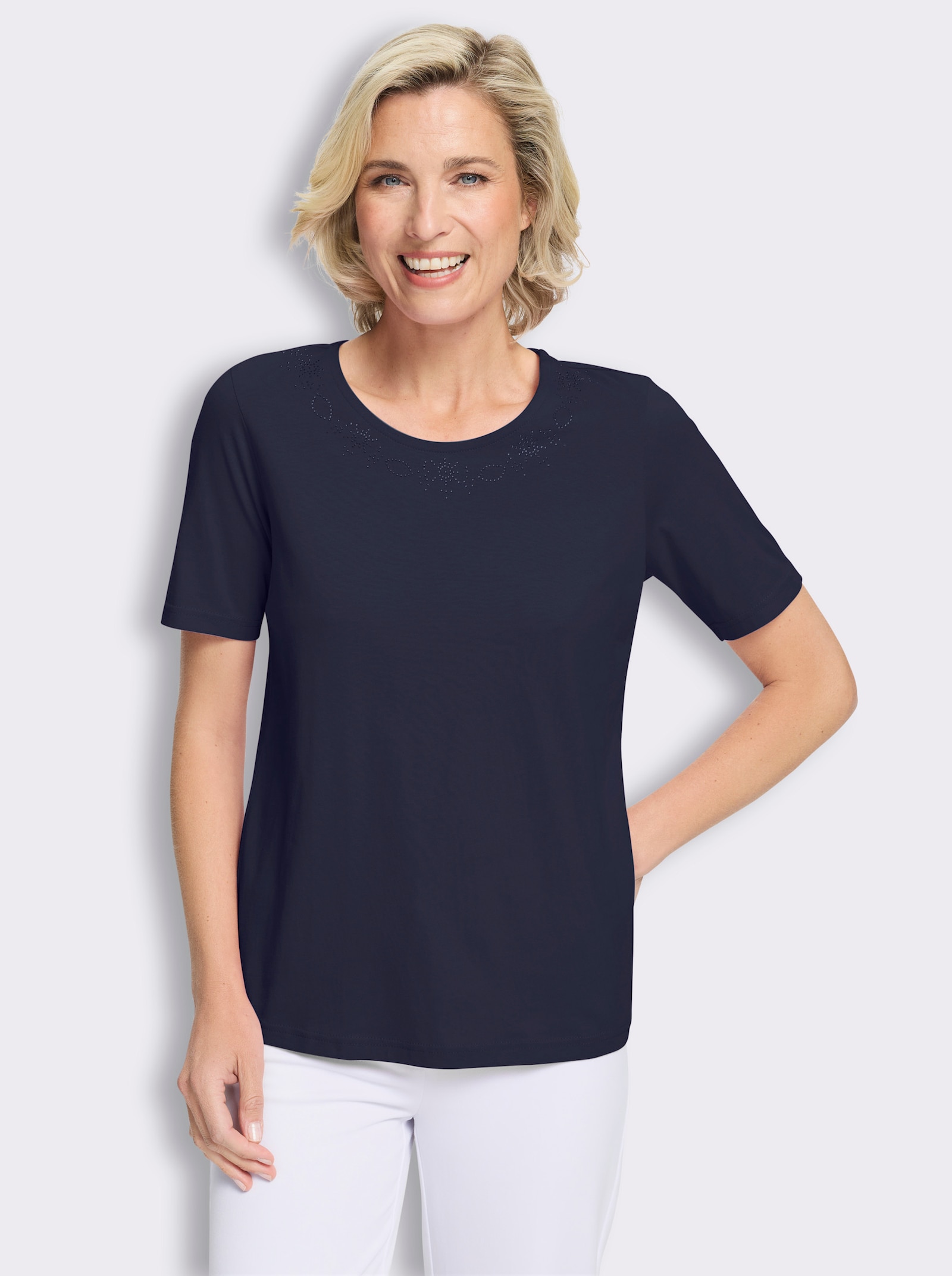 Kurzarmshirt mit Glitzersteinchen-Applikation - marine