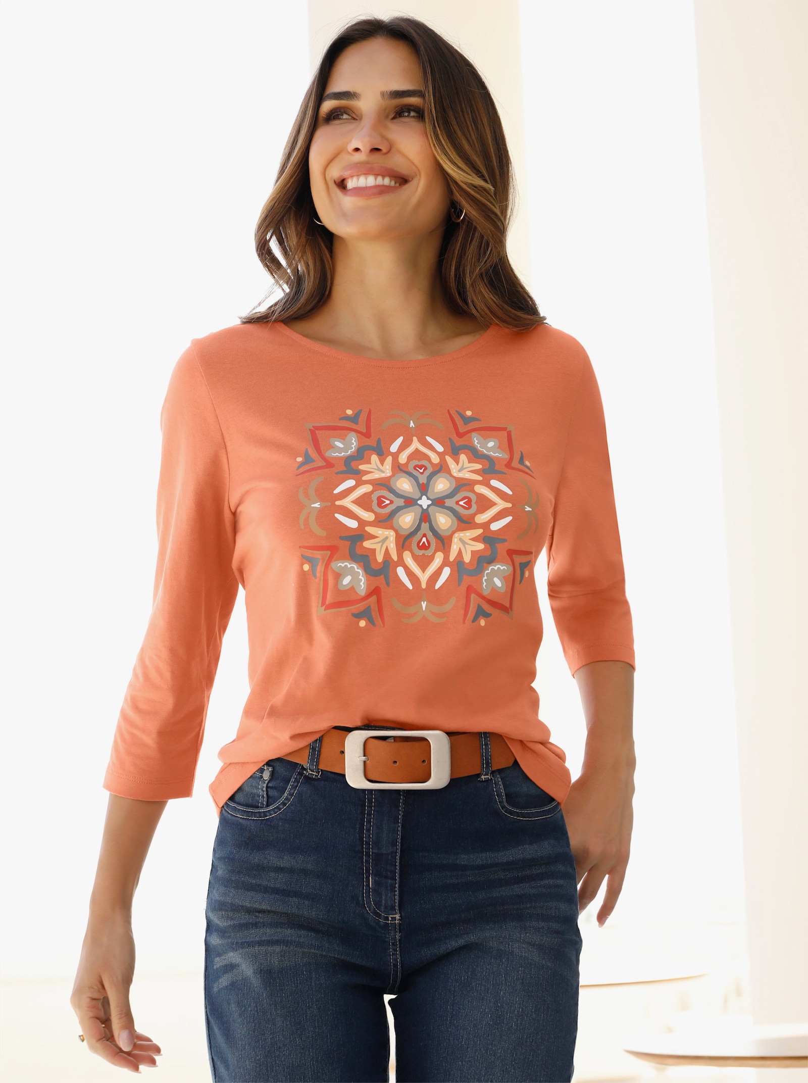 3/4-Arm-Shirt mit Mandala-Druck - papaya-ecru
