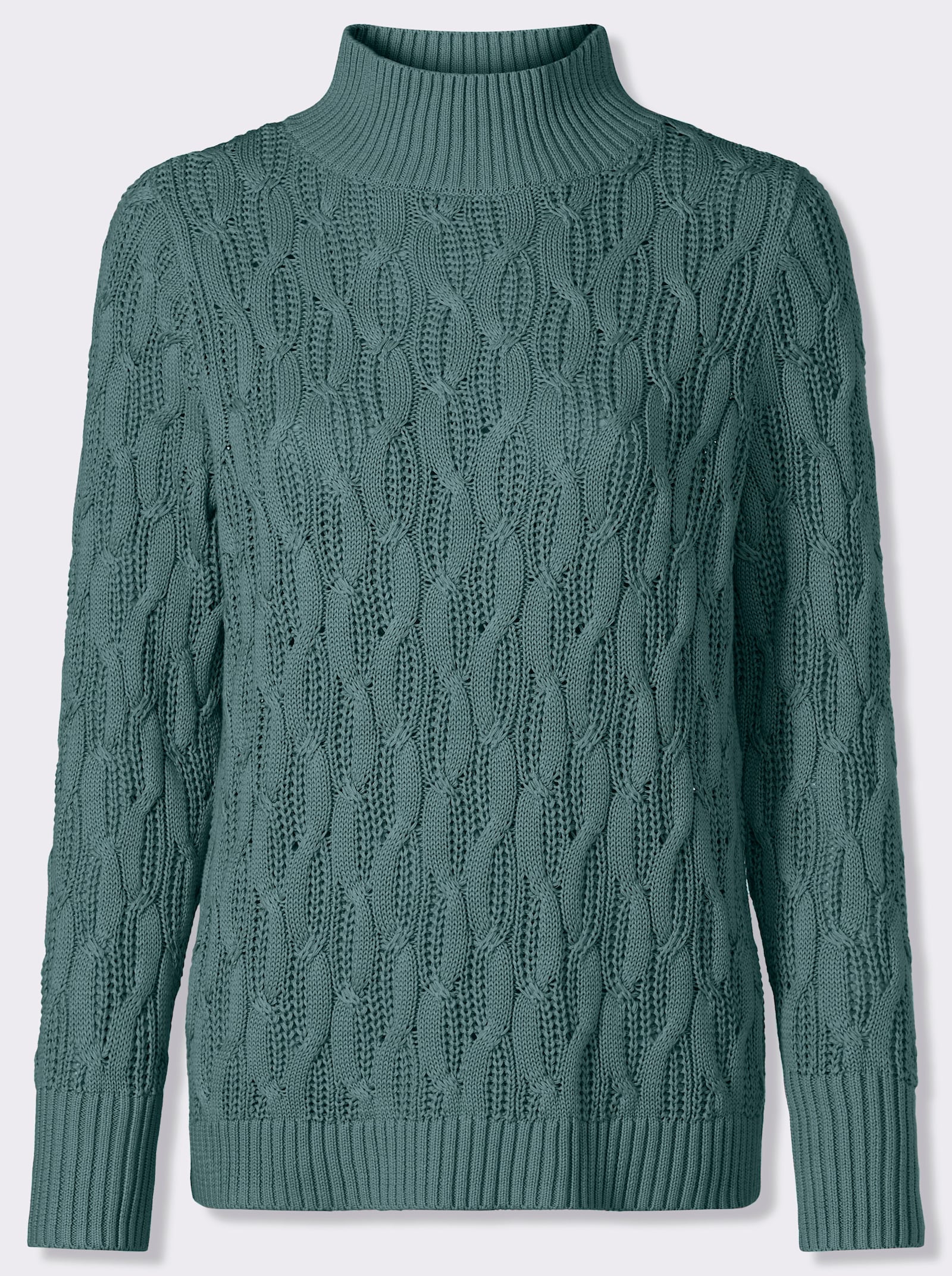  Stehkragenpullover mit Zopfmuster rundum - jade