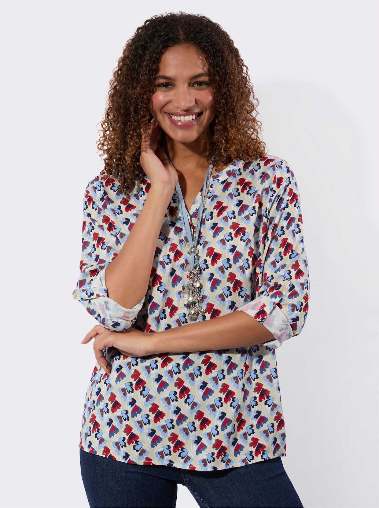 Druckbluse - himmelblau-erdbeere-bedruckt