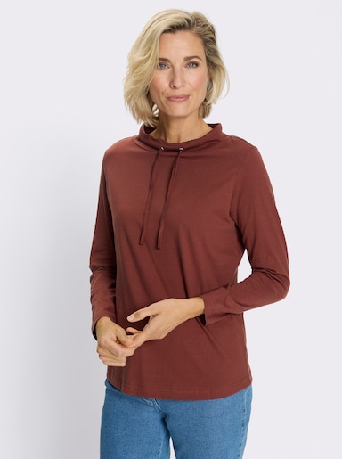 Langarmshirt mit Bindeband am Ausschnitt - rotbraun