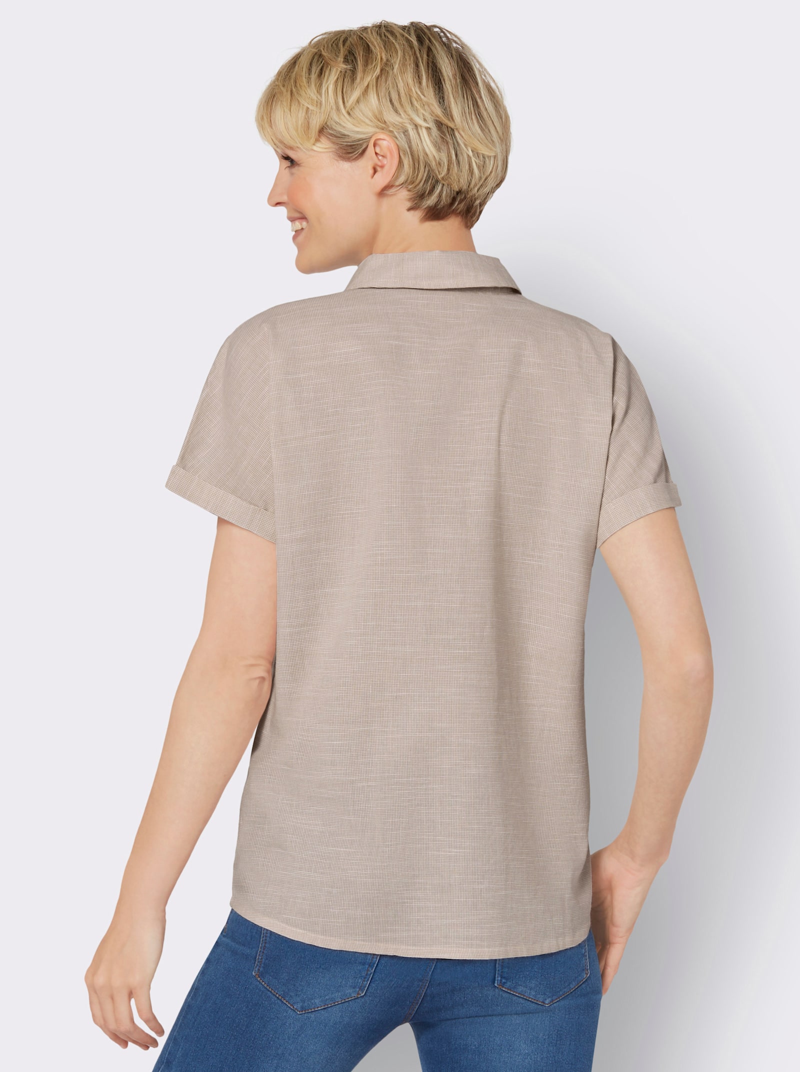 Kurzarm-Bluse mit abgerundetem Saum - beige-ecru-gemustert