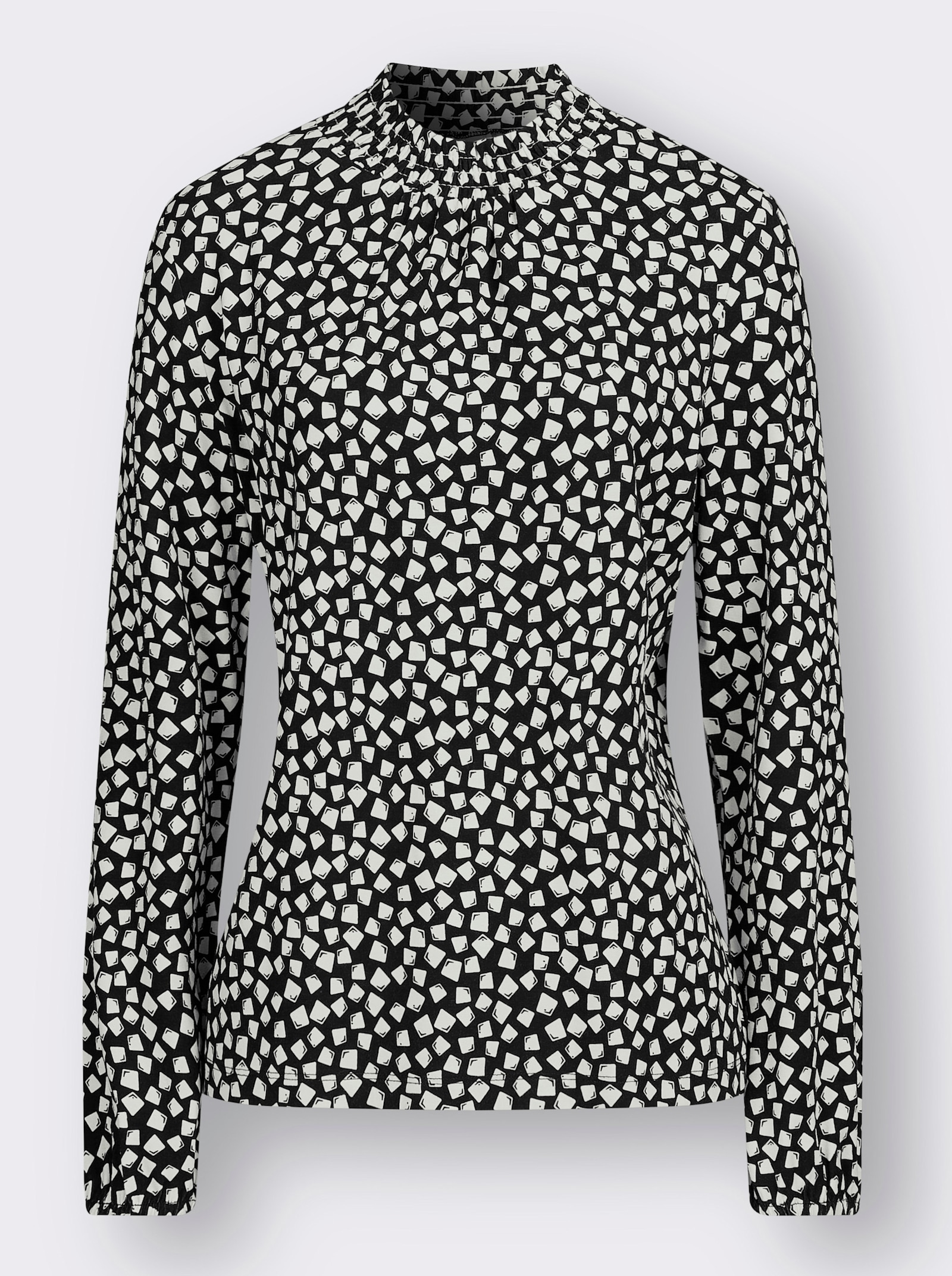 Stehkragenshirt mit gesmoktem Kragen - ecru-schwarz-bedruckt