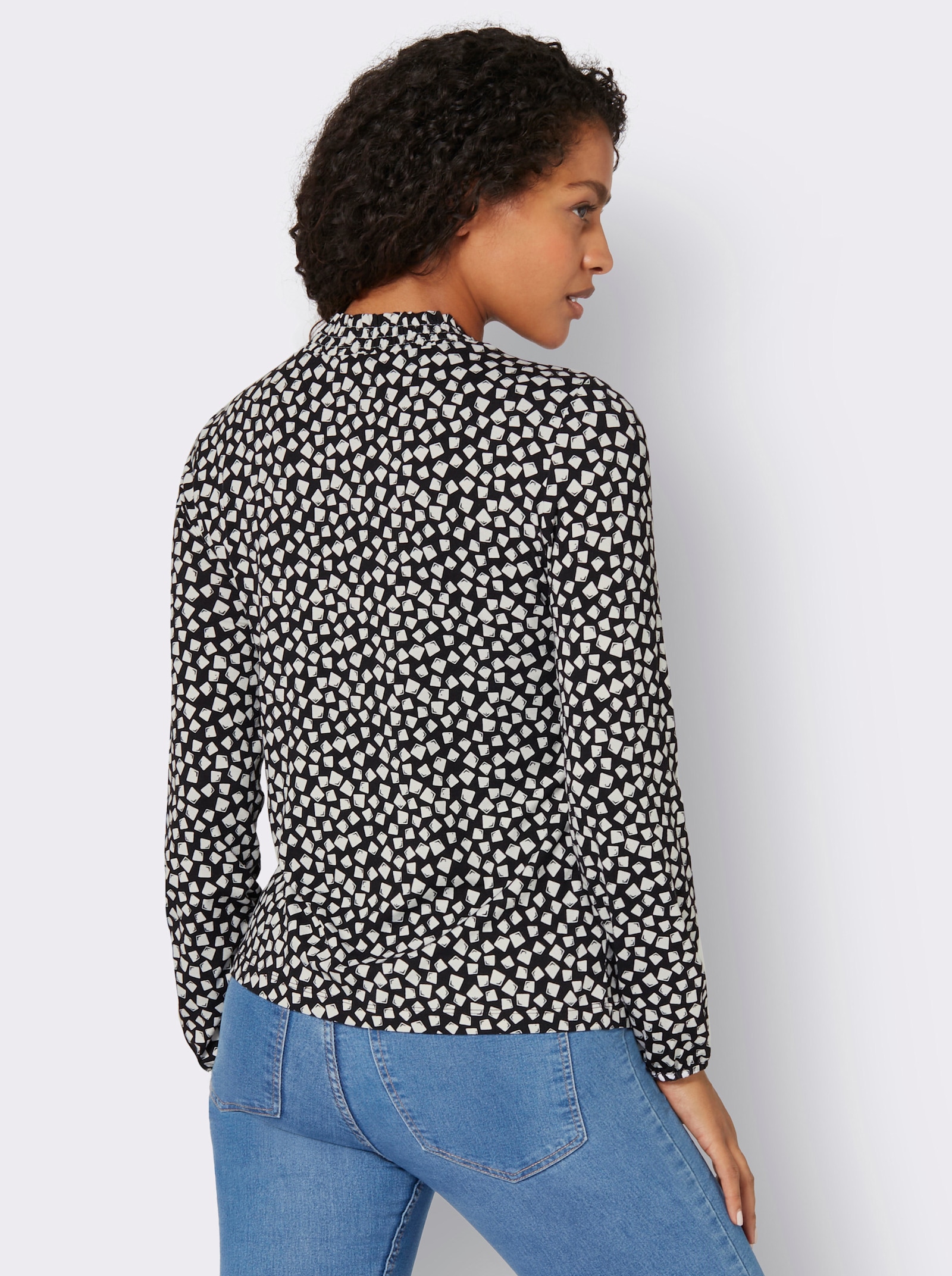 Stehkragenshirt mit gesmoktem Kragen - ecru-schwarz-bedruckt