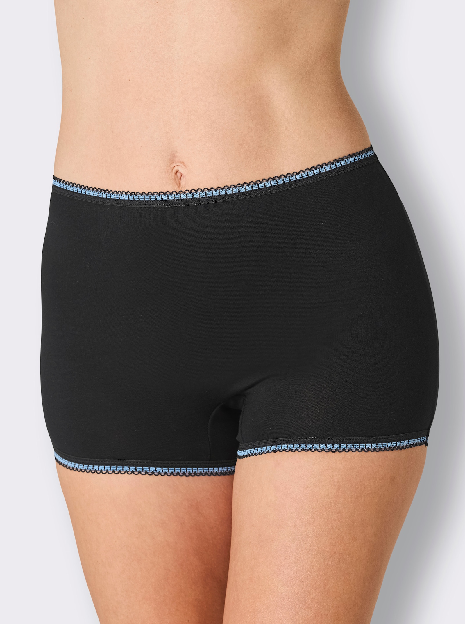 wäschepur Panty mit Mäusezähnchen-Borte - 2x schwarz-hellblau + 3x schwarz-orchidee