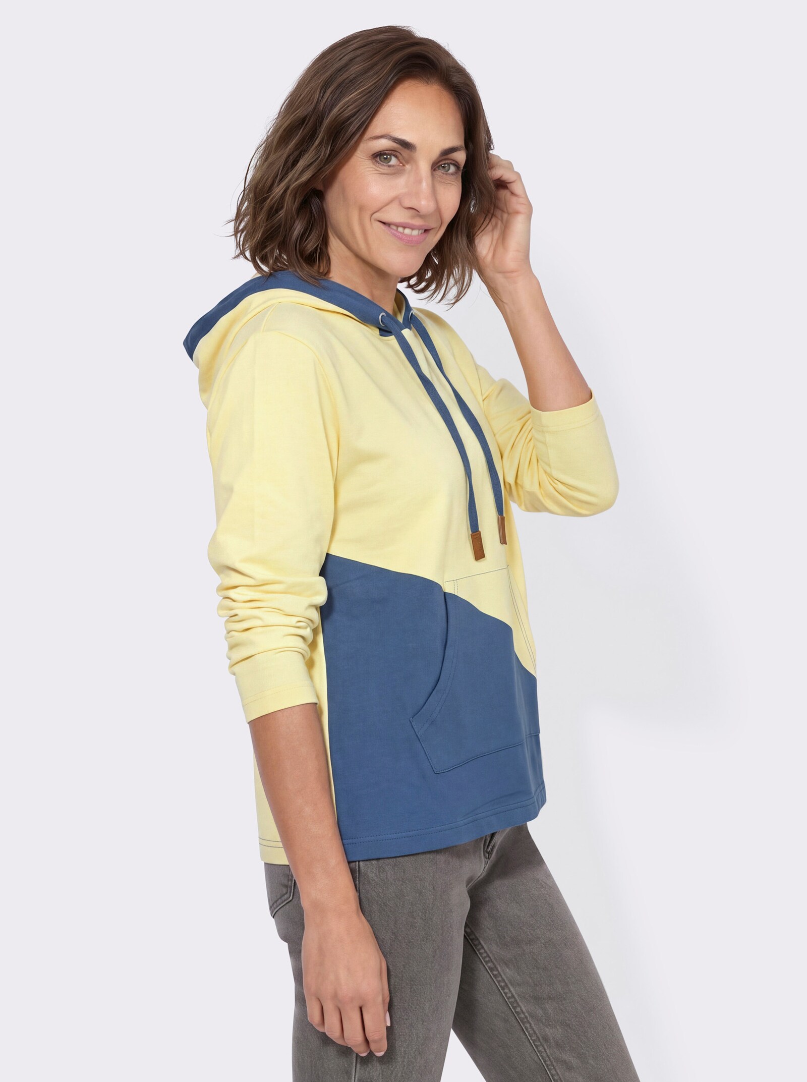 Sweatshirt mit Kapuze - zitrone-jeansblau