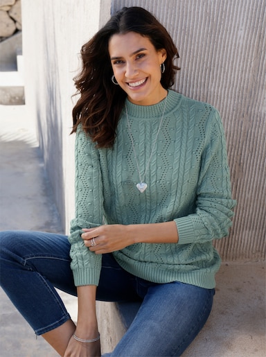 Stehkragenpullover mit Zopfmuster - jade