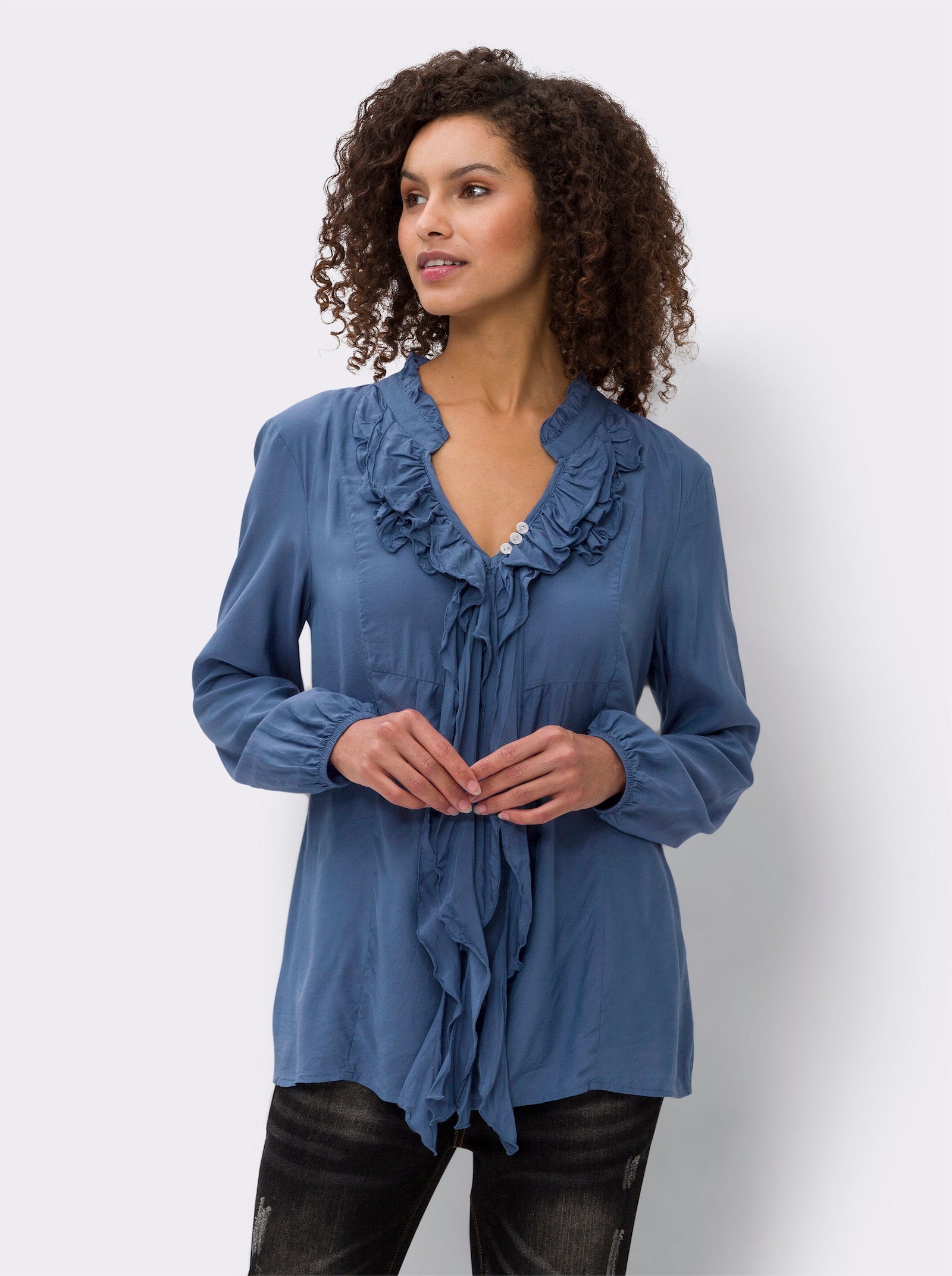 heine Volantbluse mit mattem Glanz - jeansblau