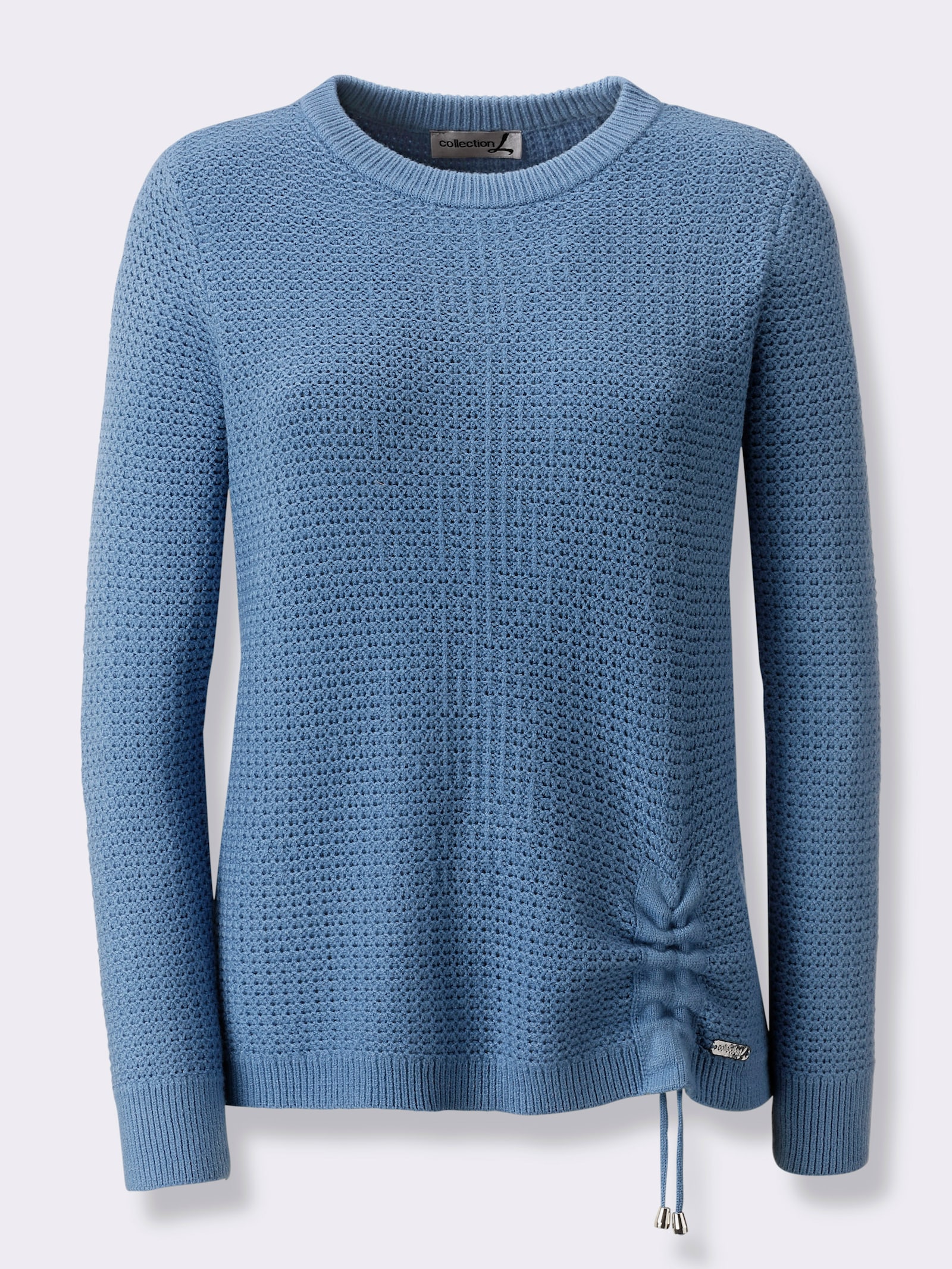 Rundhalspullover mit Schnürung am Saum - mittelblau