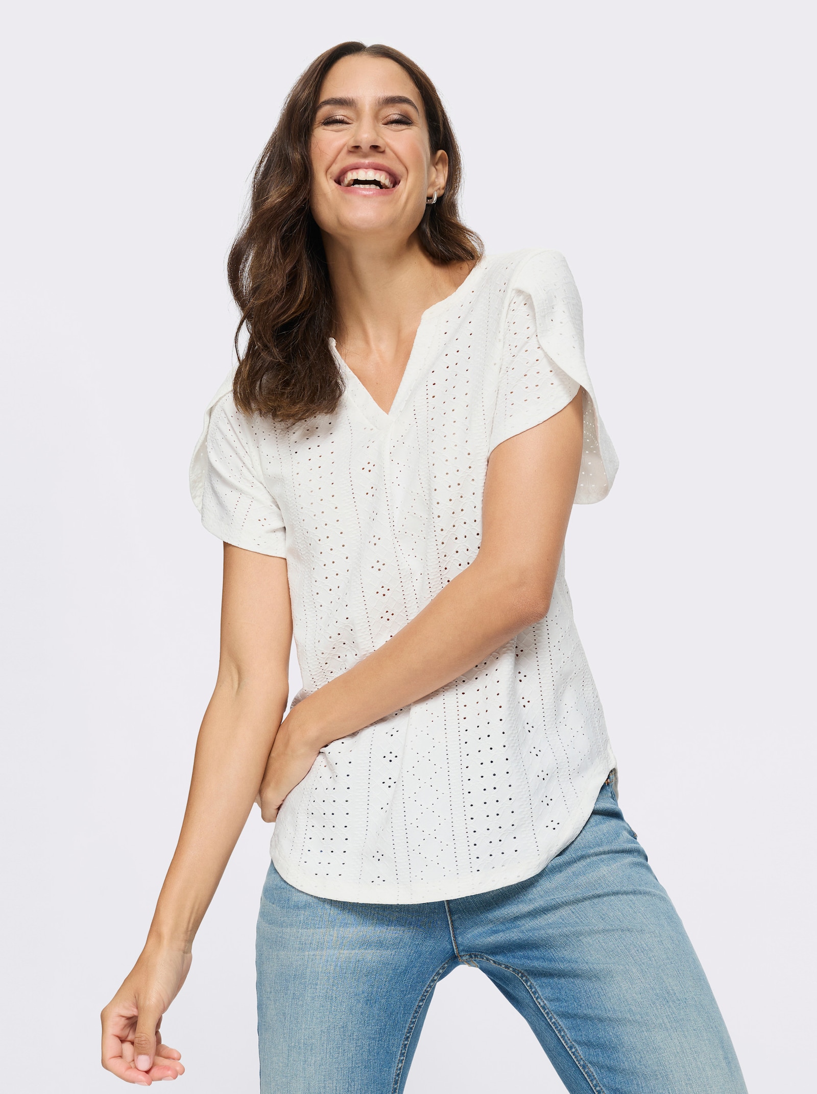 Kurzarmshirt mit Lochstickerei allover - ecru