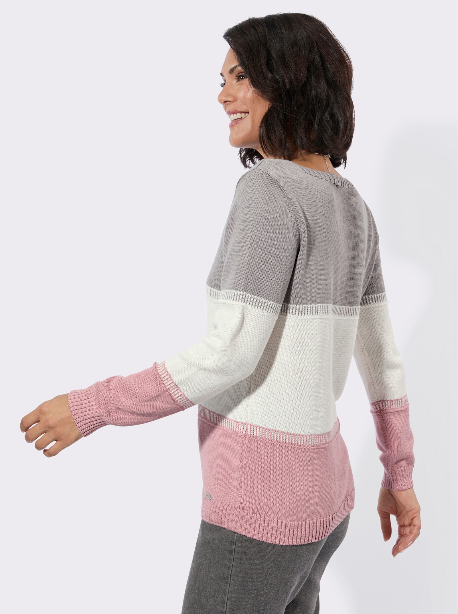 Rundhalspullover im Blockstreifenmuster - hortensie-ecru-gemustert