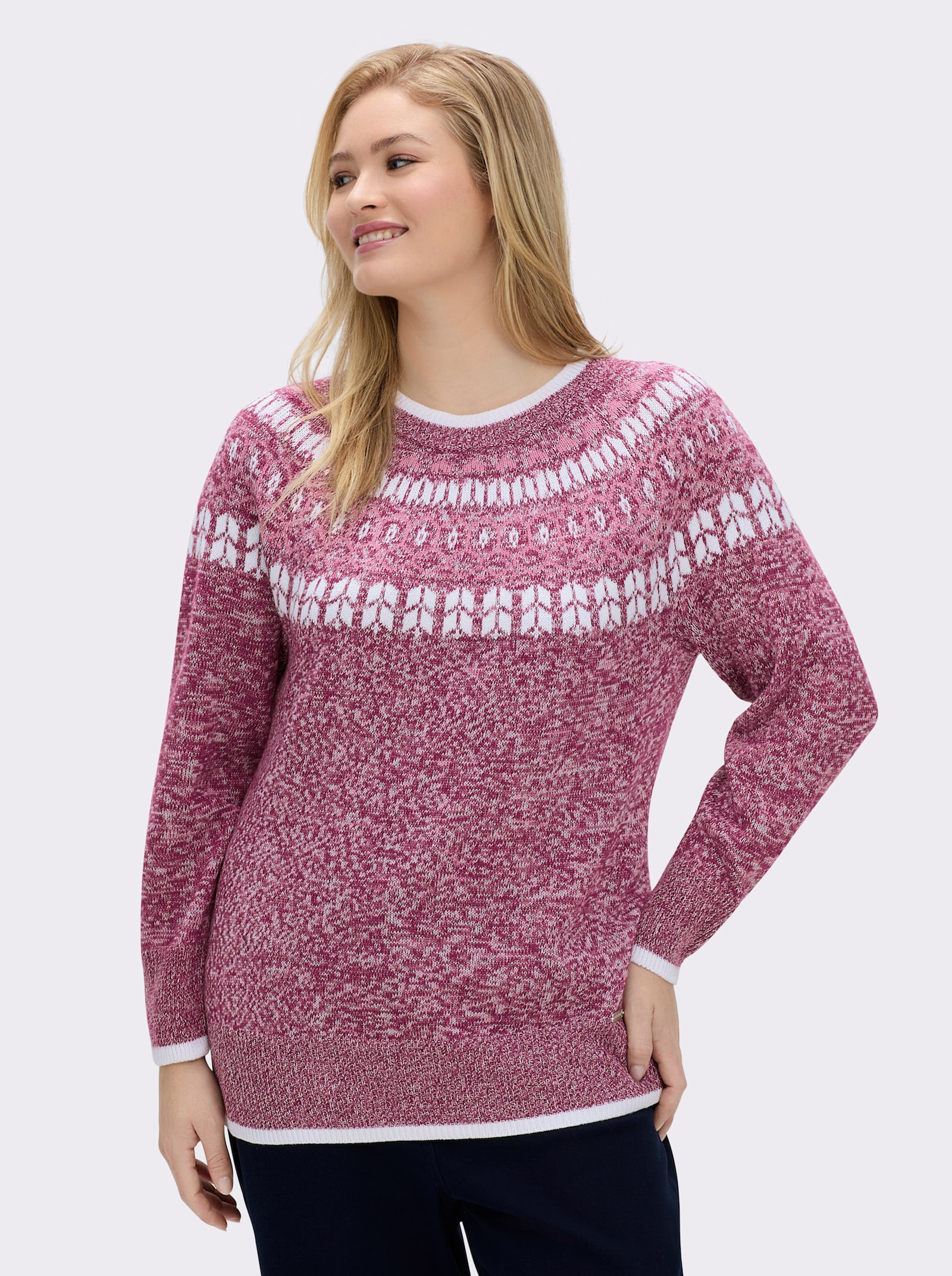 Norwegerpullover mit breiten Rippbündchen - bordeaux-altrosa-meliert
