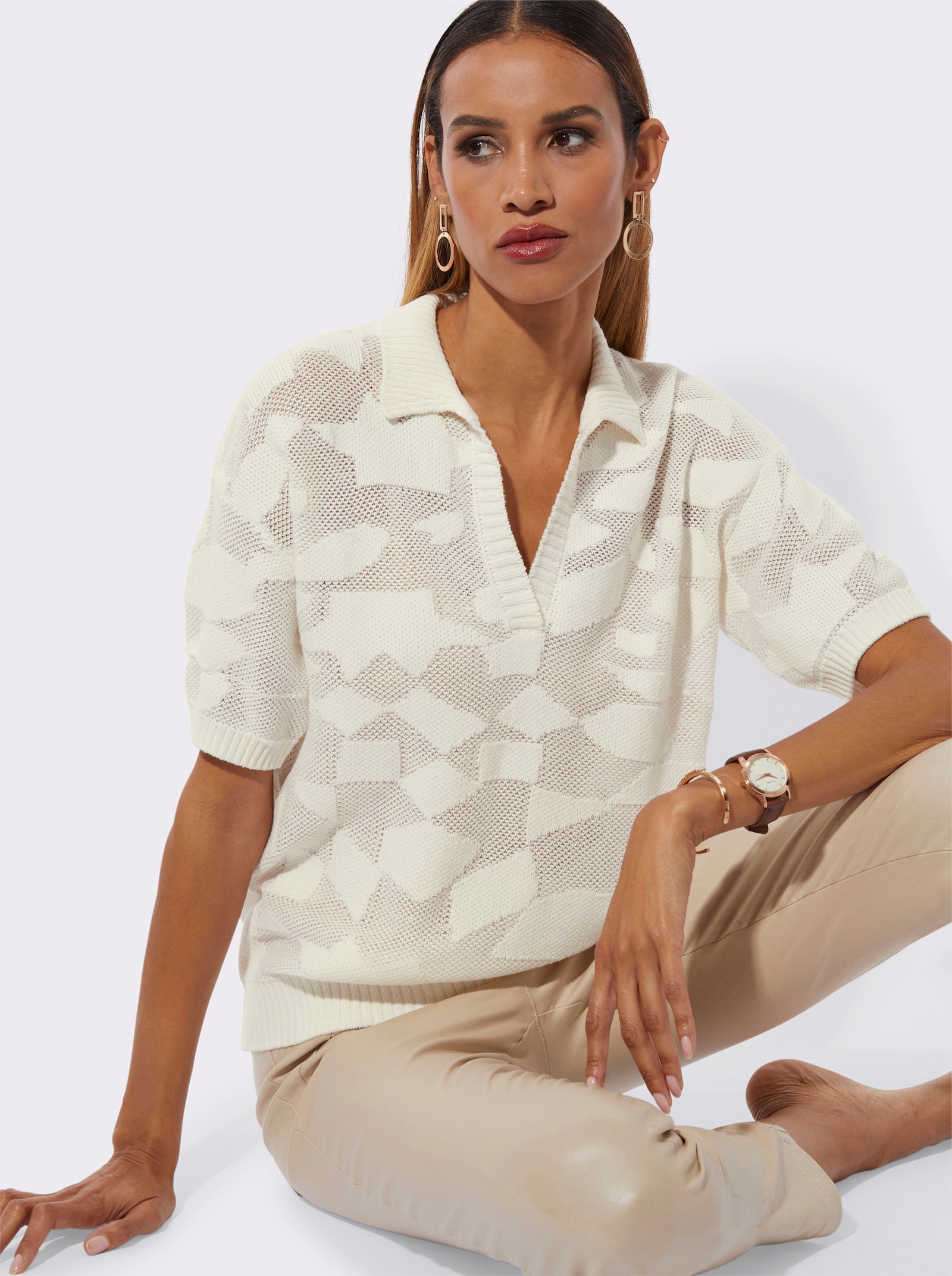 Pull polo avec finitions côtelées - écru