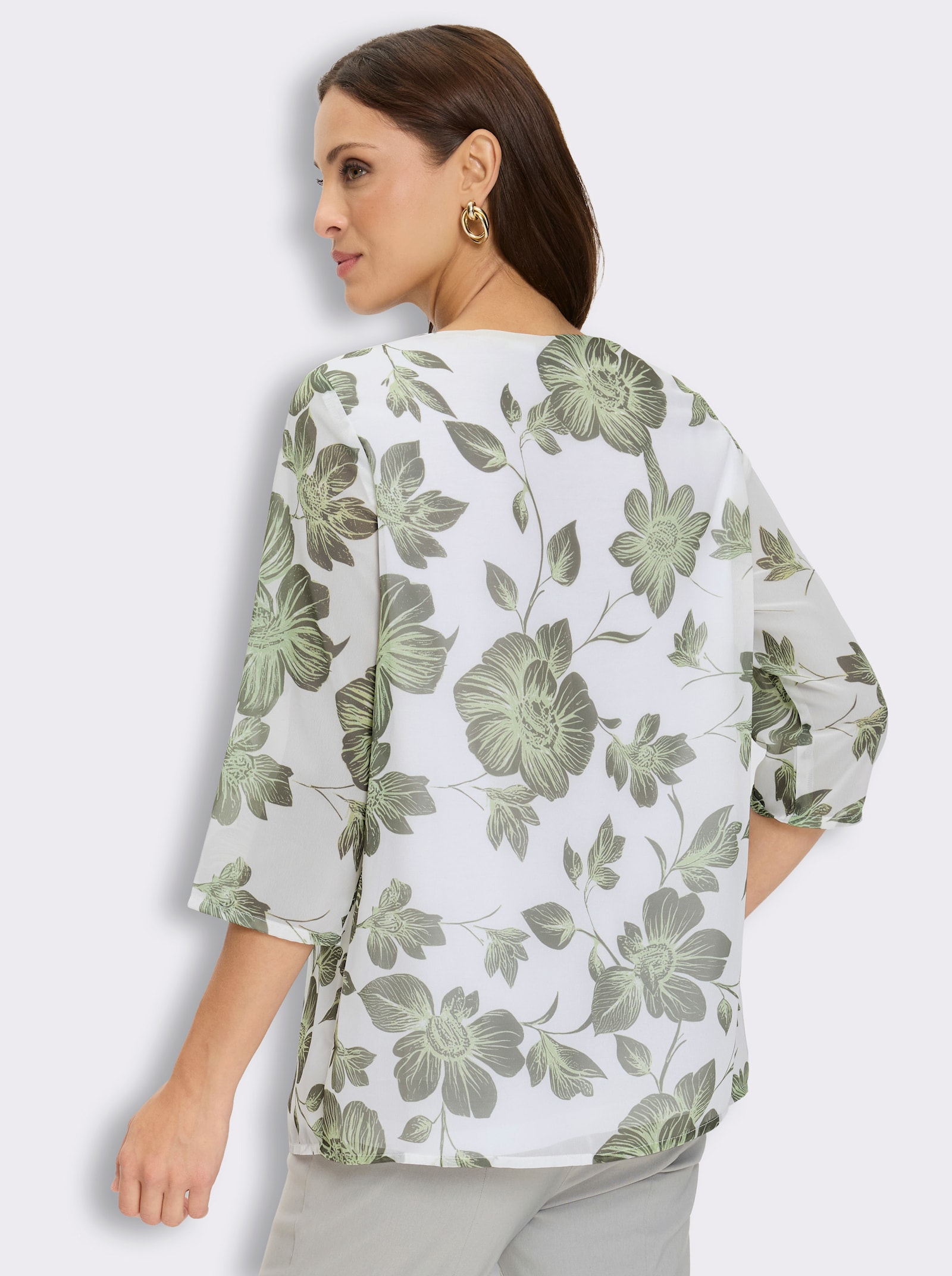 Druckbluse in 2-in-1-Optik - weiß-khaki-bedruckt