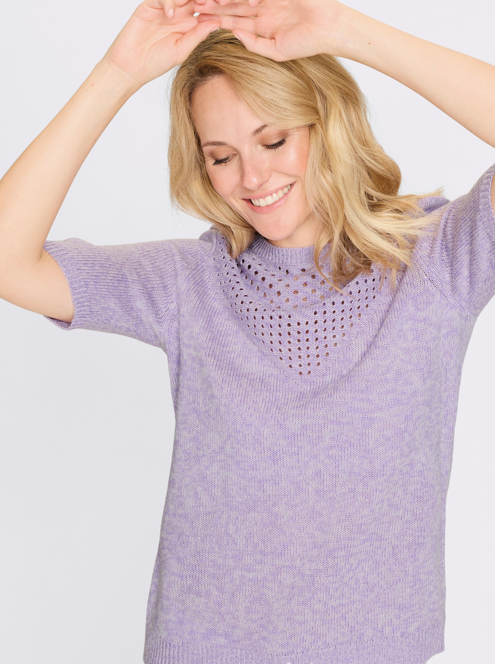 Kurzarmpullover in Melange-Optik - lavendel-ecru-meliert