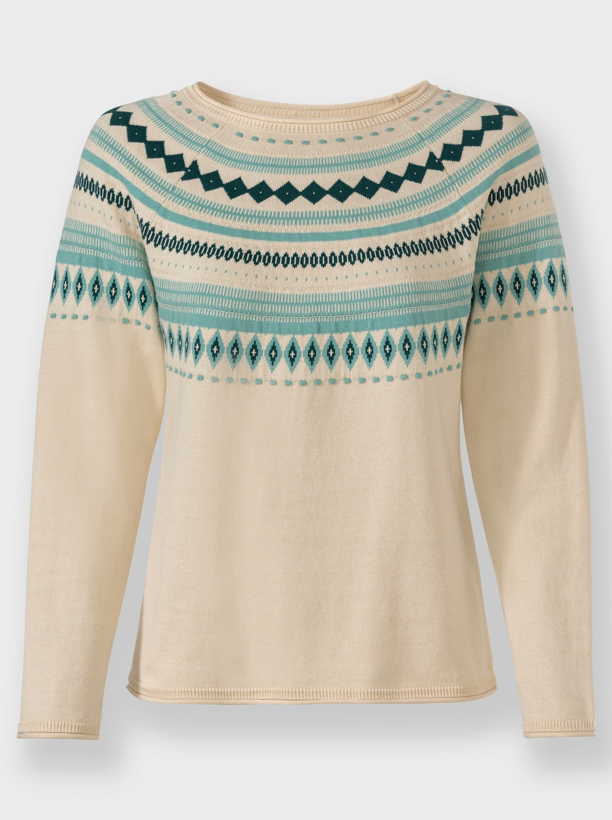 Noorse trui van jacquard - champagne/salie gedessineerd
