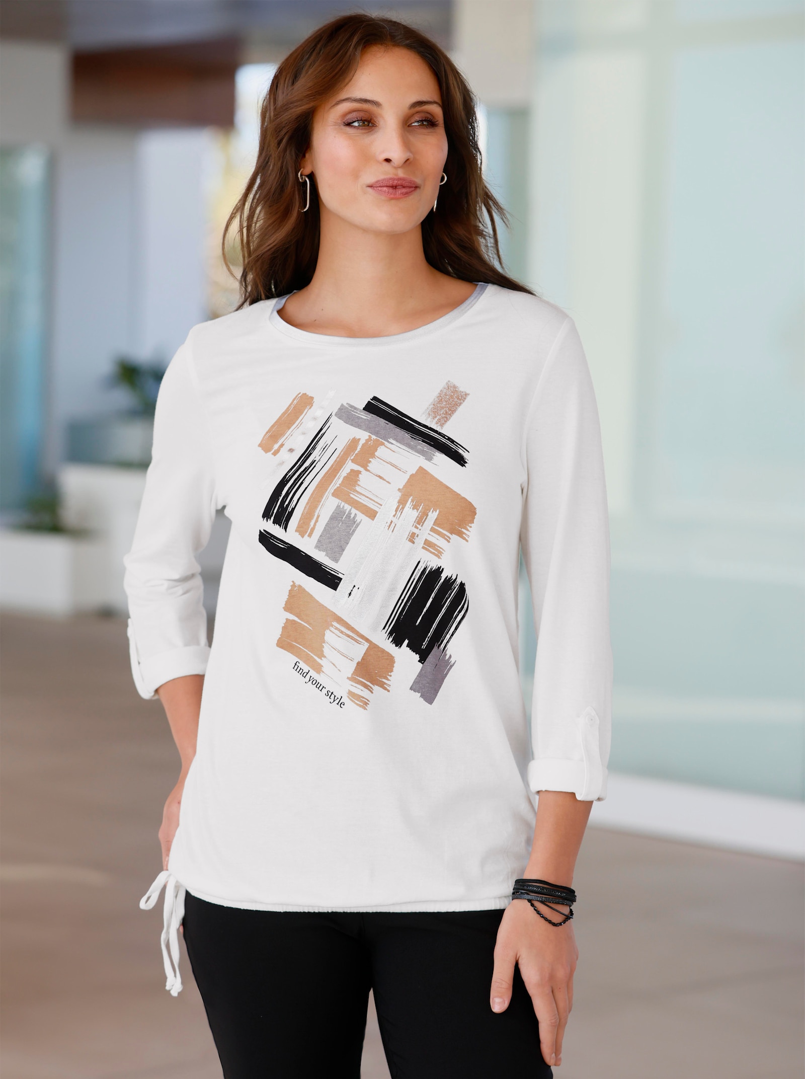 Tričko s potiskem se stříbrnými detaily - ecru-černá-potisk