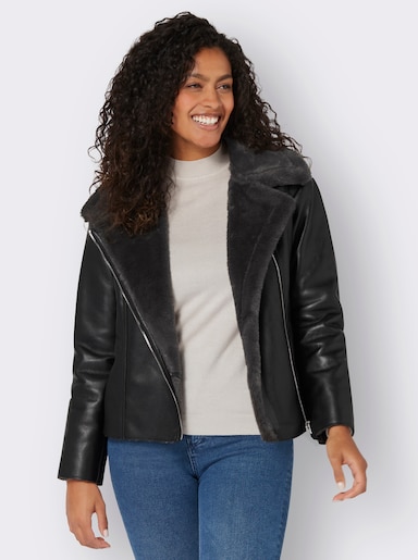 Lederimitatjacke mit Pelzimitat und asymmetrischem Reißverschluss - schwarz