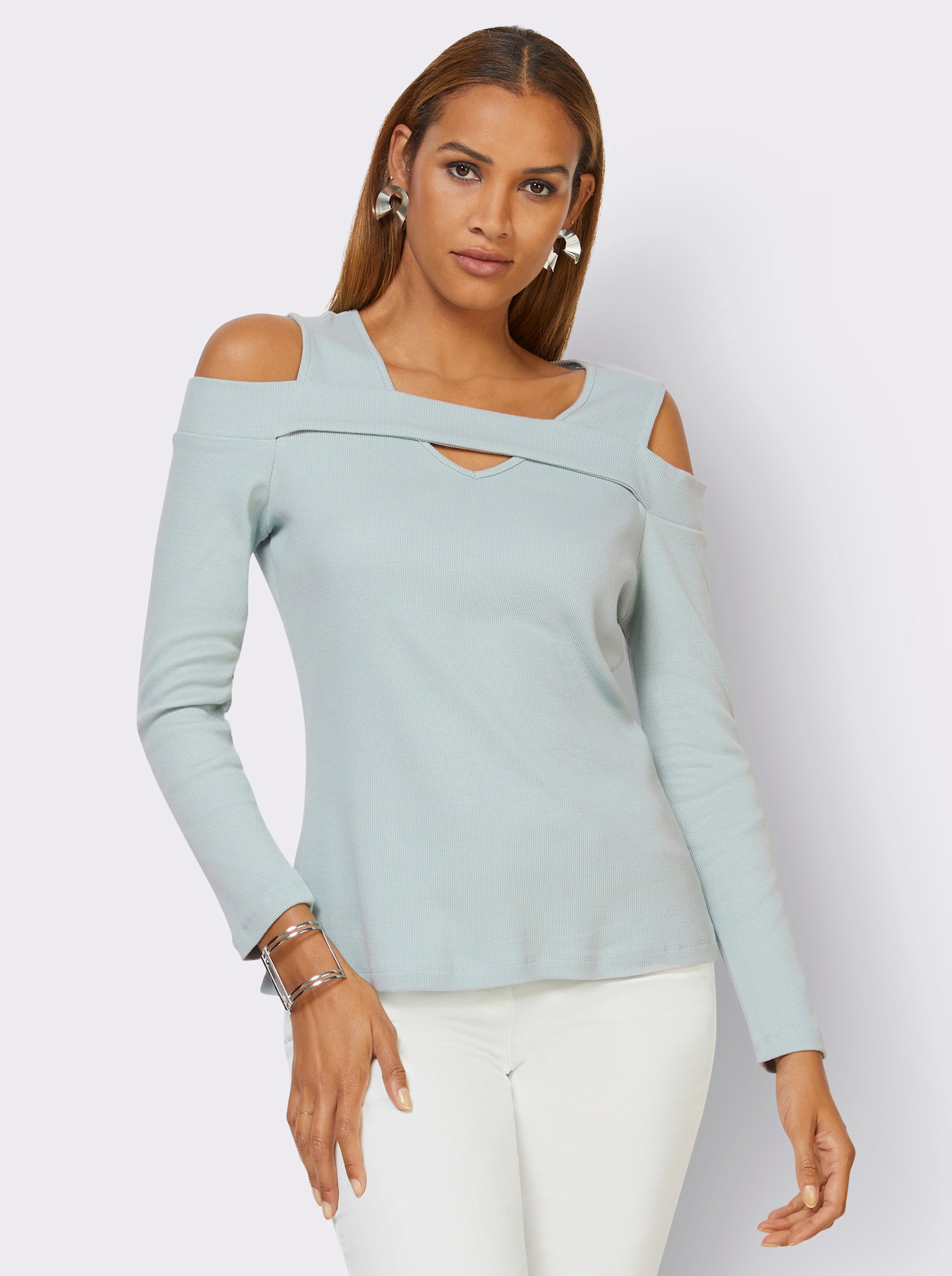 Langarmshirt in schulterfreiem Schnitt - kalkmint