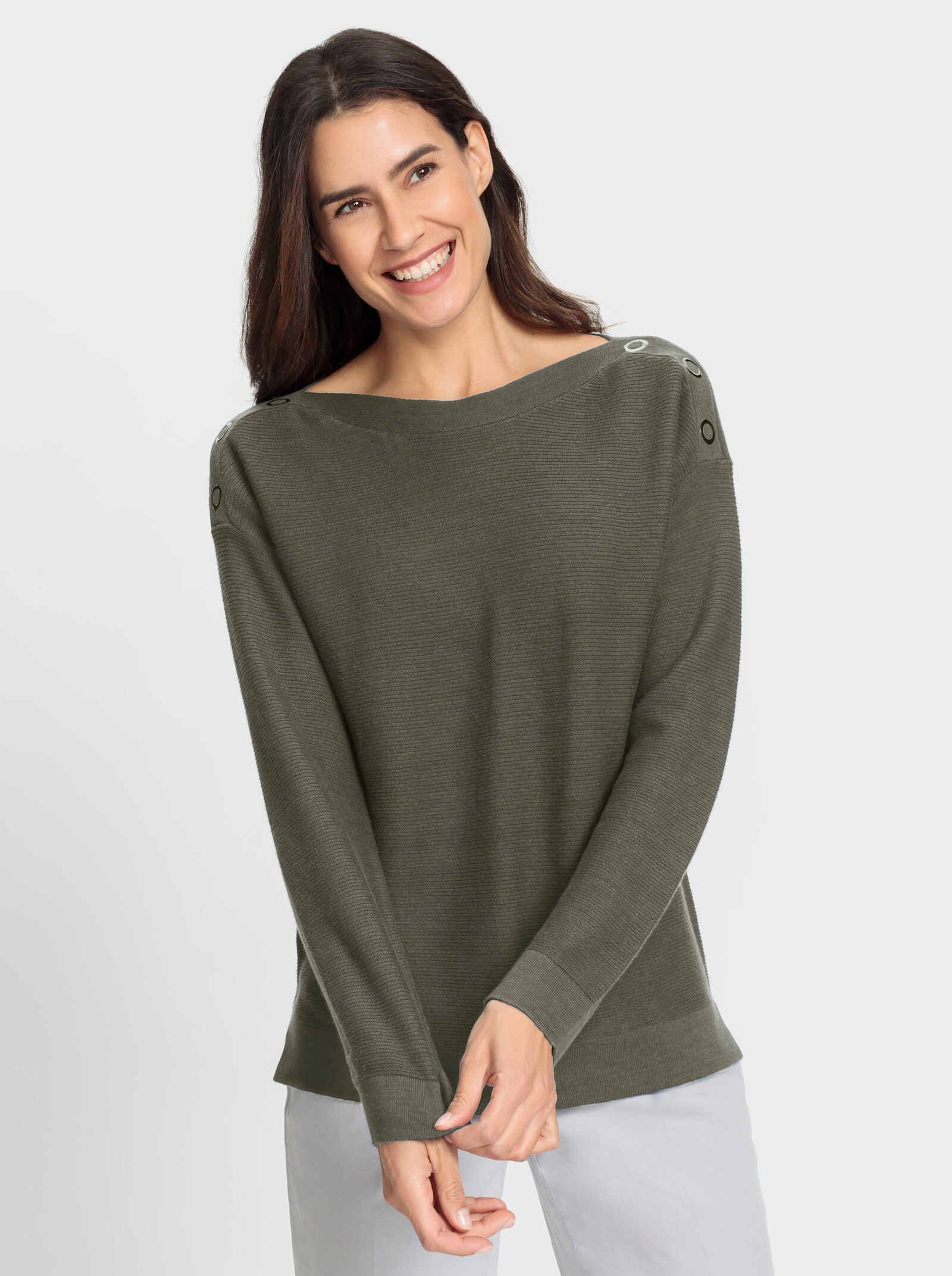 Strickpullover mit Ösenverzierung - khaki