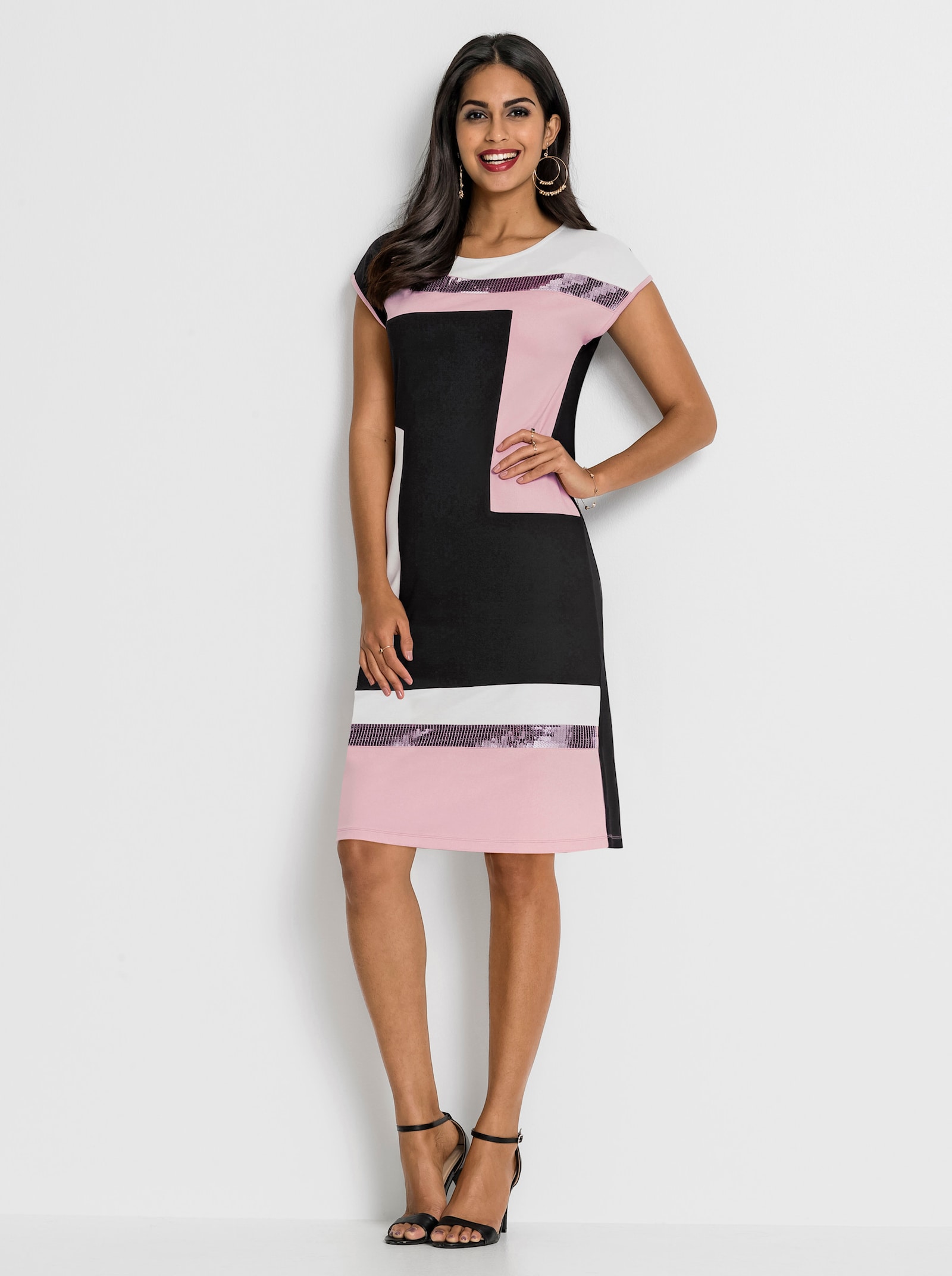 Jerseykleid mit Pailletten-Verzierung - schwarz-hellrosé-gemustert