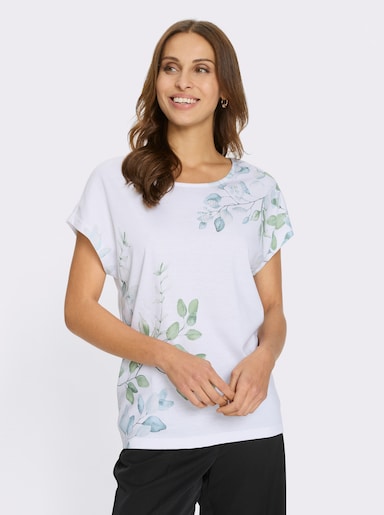 Rundhalsshirt mit Blätter-Druck und Glitzersteinchen - weiß-eucalyptus-bedruckt