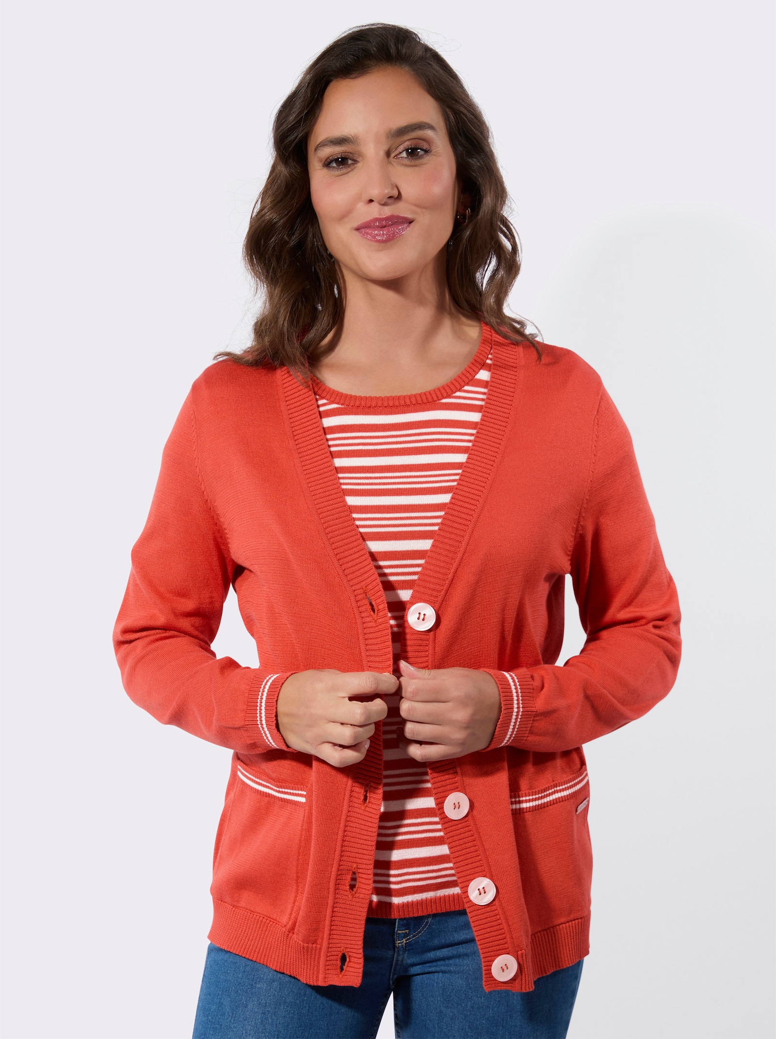 Twin-Set mit Schmuckknöpfen - terra-ecru-geringelt