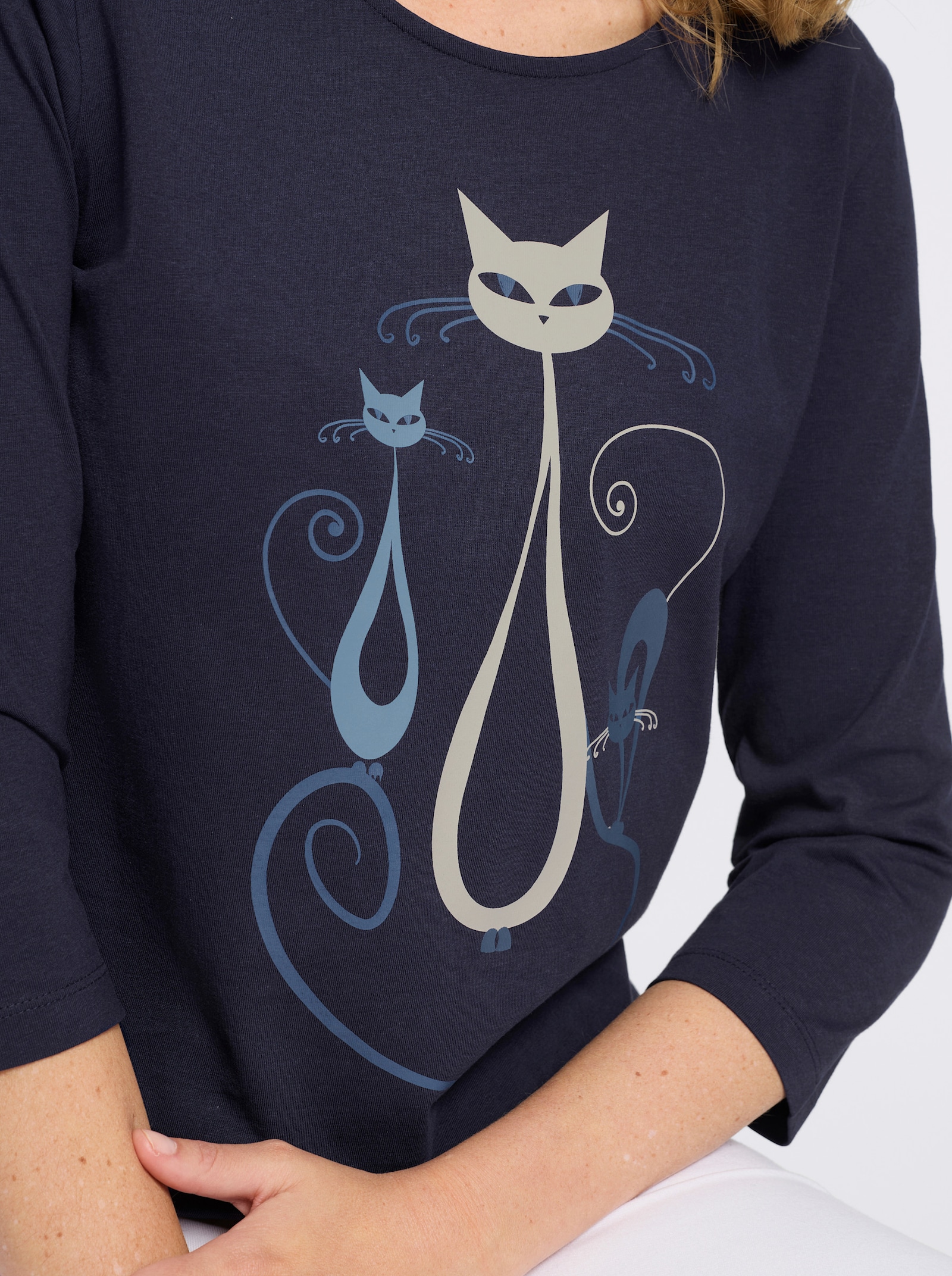 3/4-Arm-Shirt mit Katzen-Druck - marine-jeansblau-bedruckt