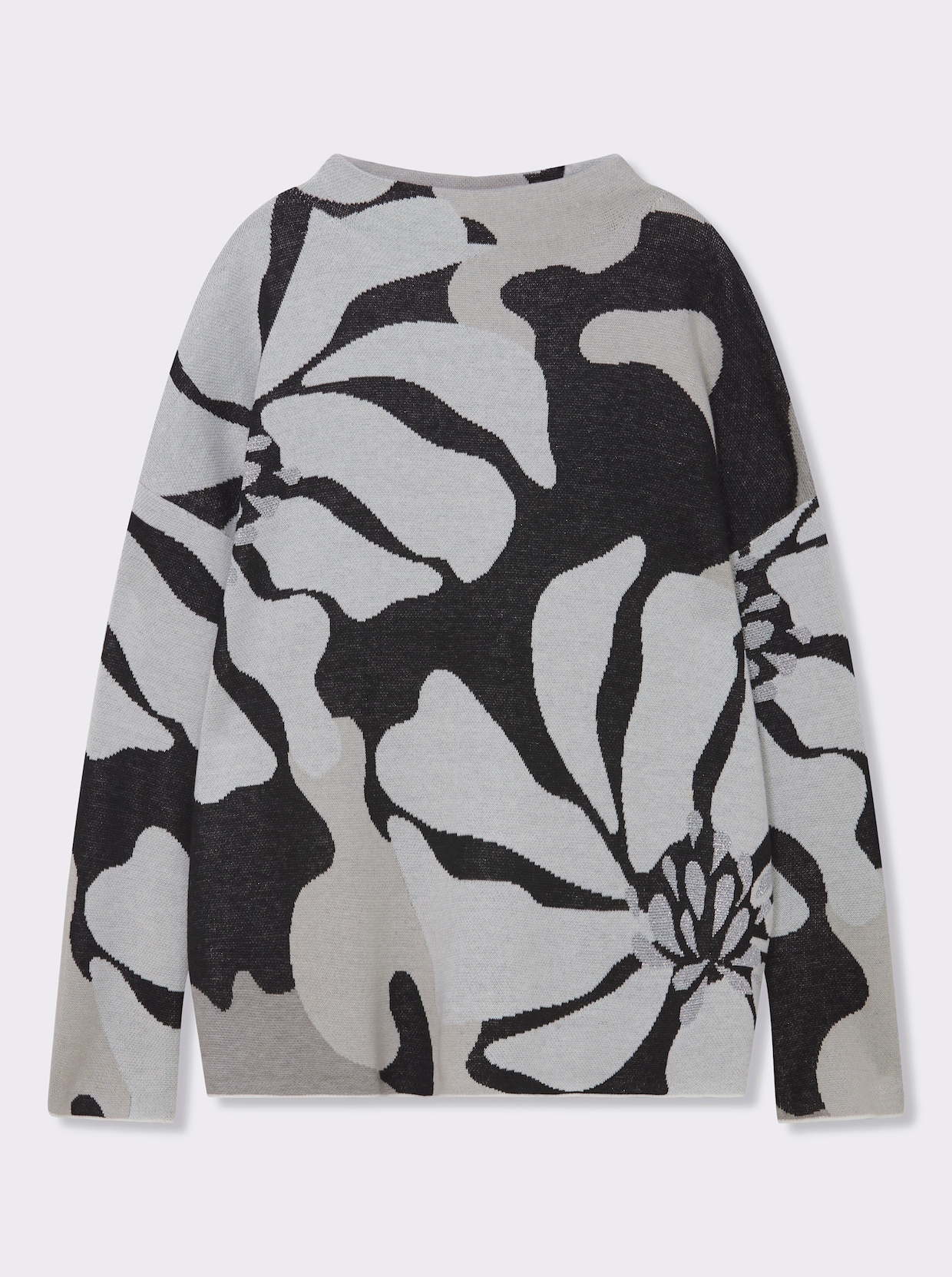 Jacquard-Pullover mit Glitzergarn, floral - schwarz-ecru-gemustert