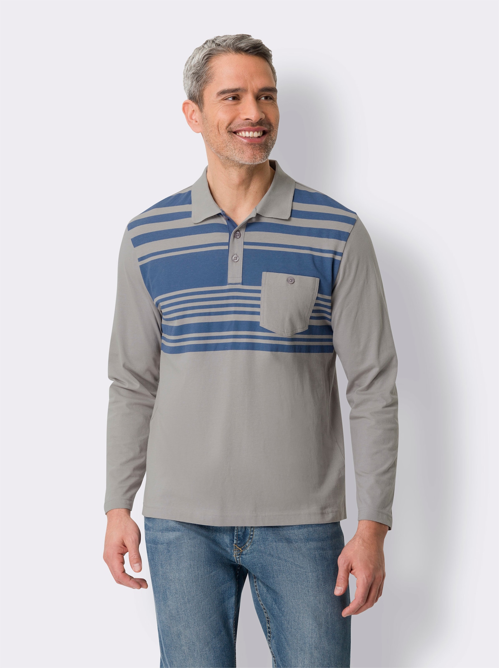 Polokošile s dlouhým rukávem a proužkovaným potiskem vpředu - kamenná šedá-džínová modrá
