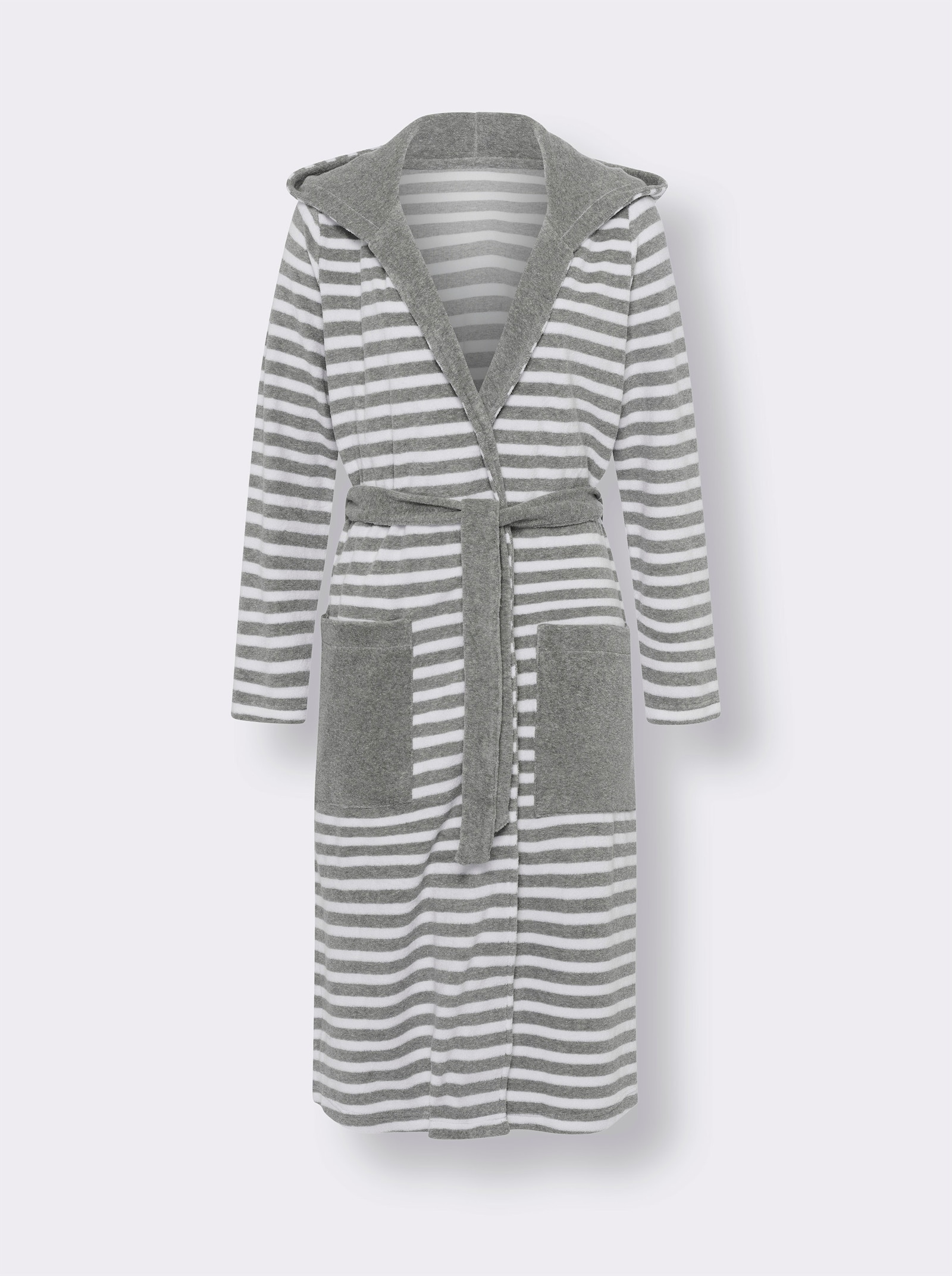 Bademantel mit Kapuze, geringelt - weiß-grau-geringelt