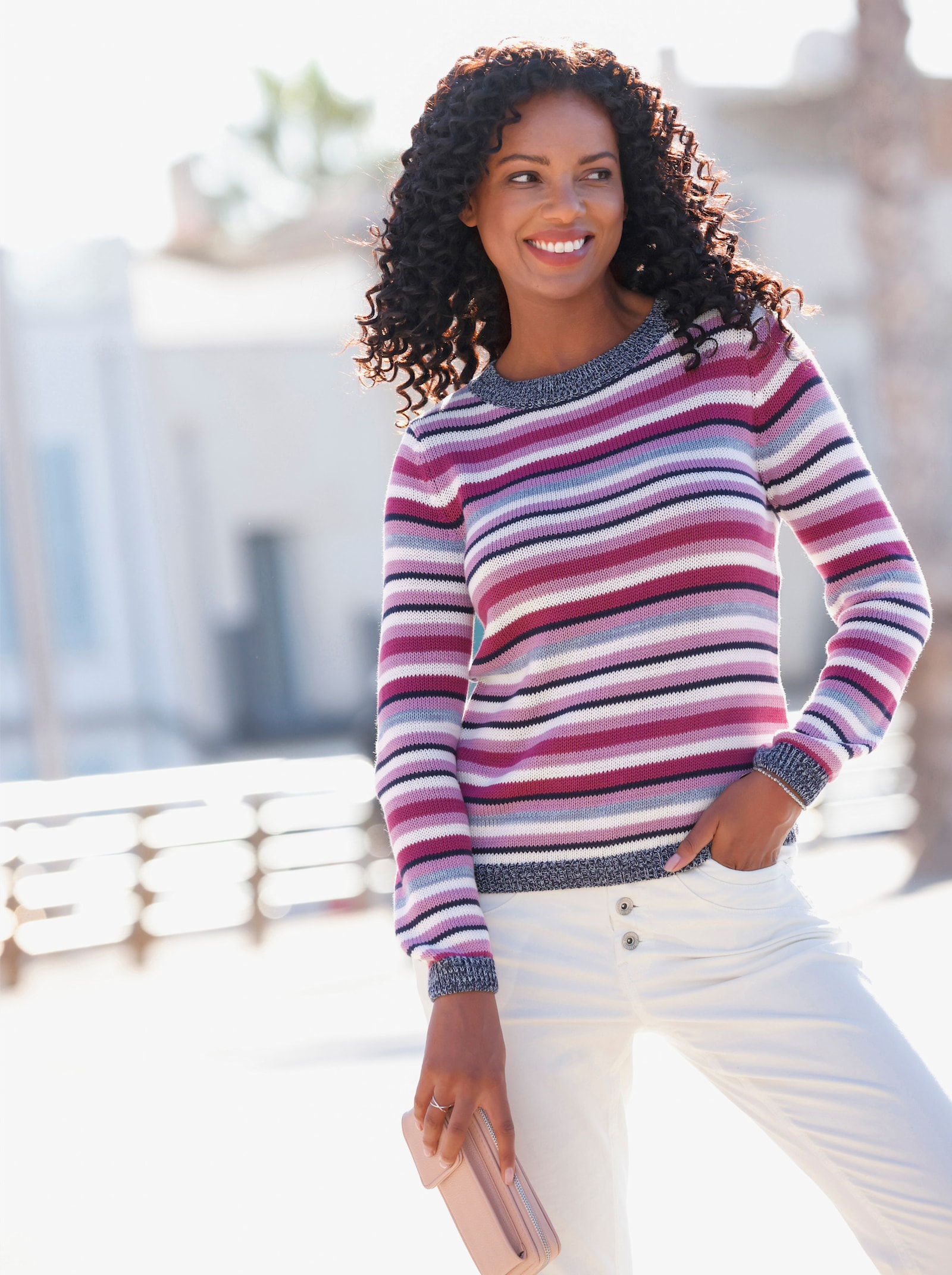 Langarm-Pullover im Ringelmuster - marine-magenta-geringelt