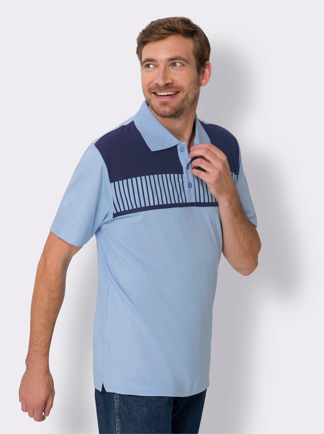 Kurzarm-Poloshirt - eisblau-marine