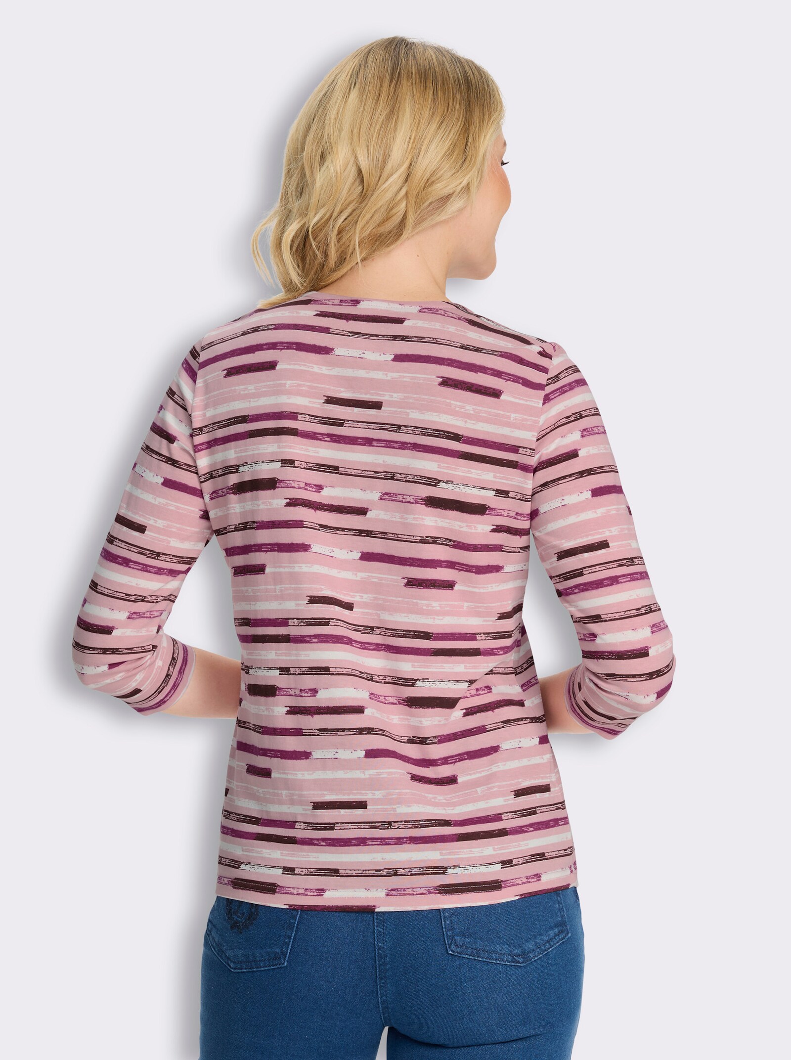 Rundhalsshirt mit Streifen-Print - hortensie-malve-bedruckt