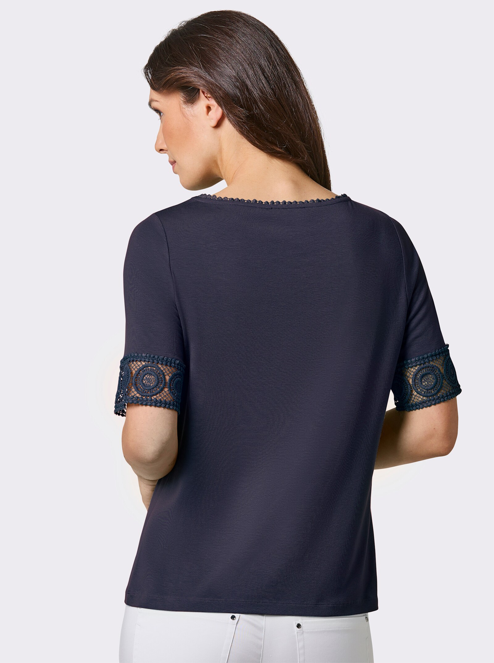 CREATION L PREMIUM Kurzarmshirt mit Spitze - marine