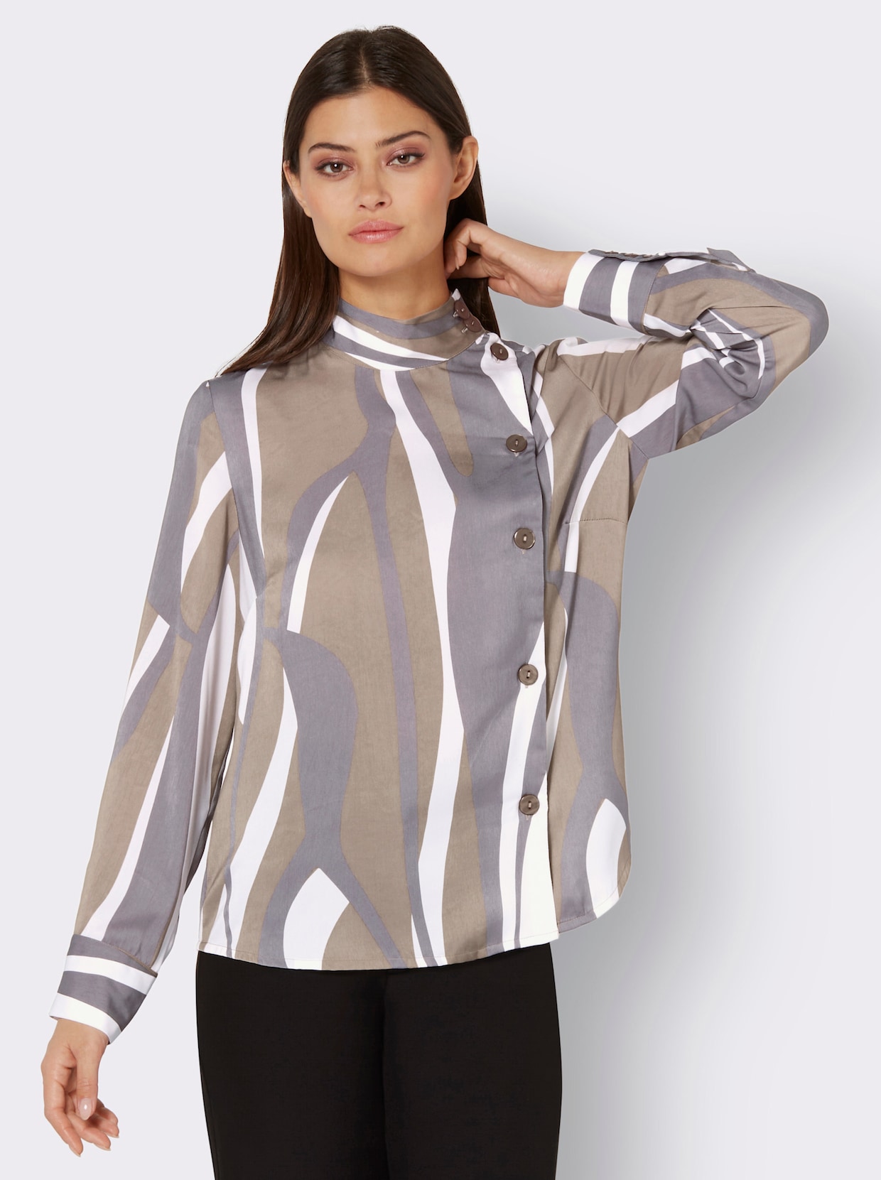 Blouse met opstaande kraag - sesam/grijs bedrukt