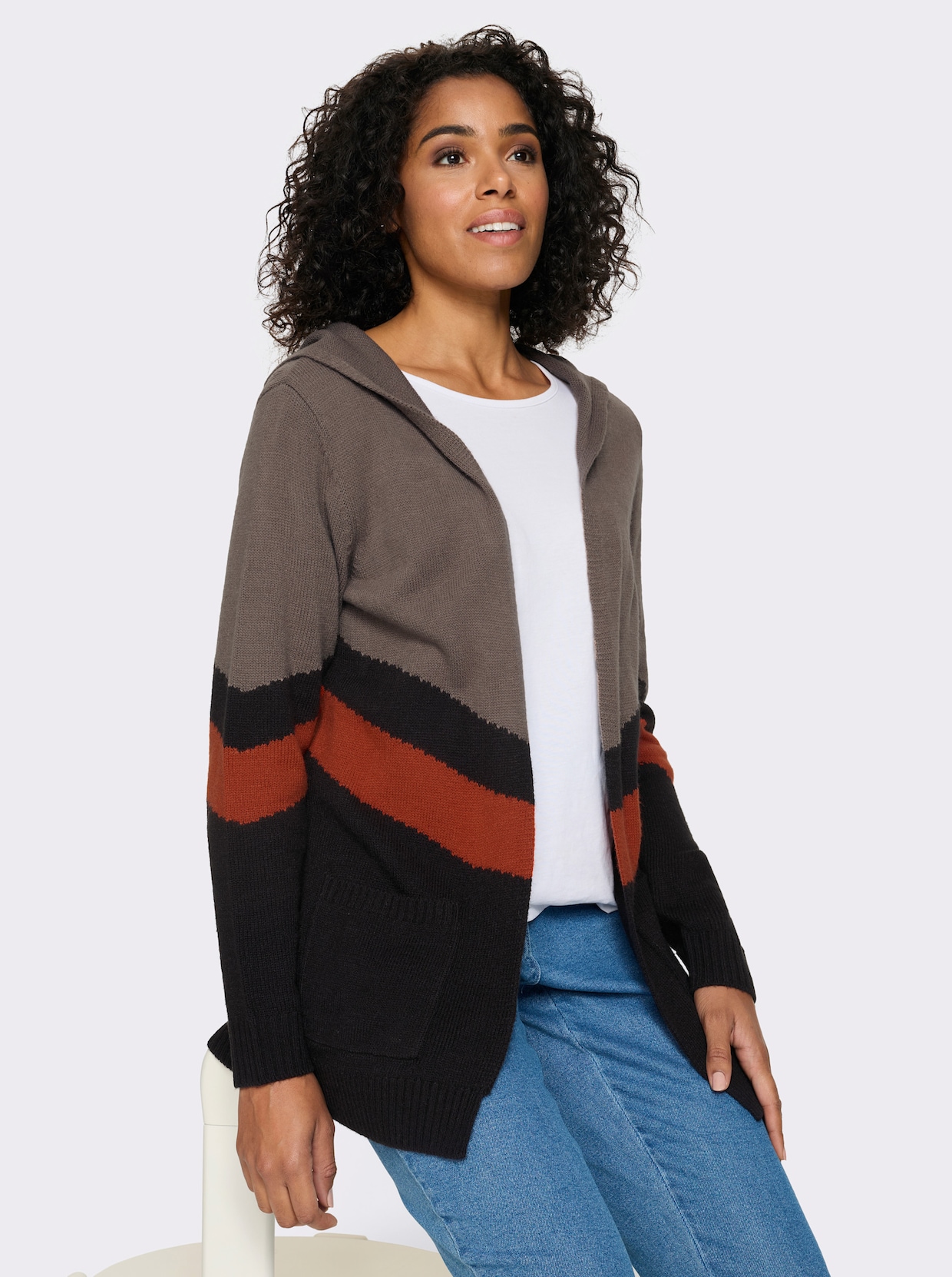 Longstrickjacke im Color-Blocking-Dessin - dunkeltaupe-schwarz-gemustert