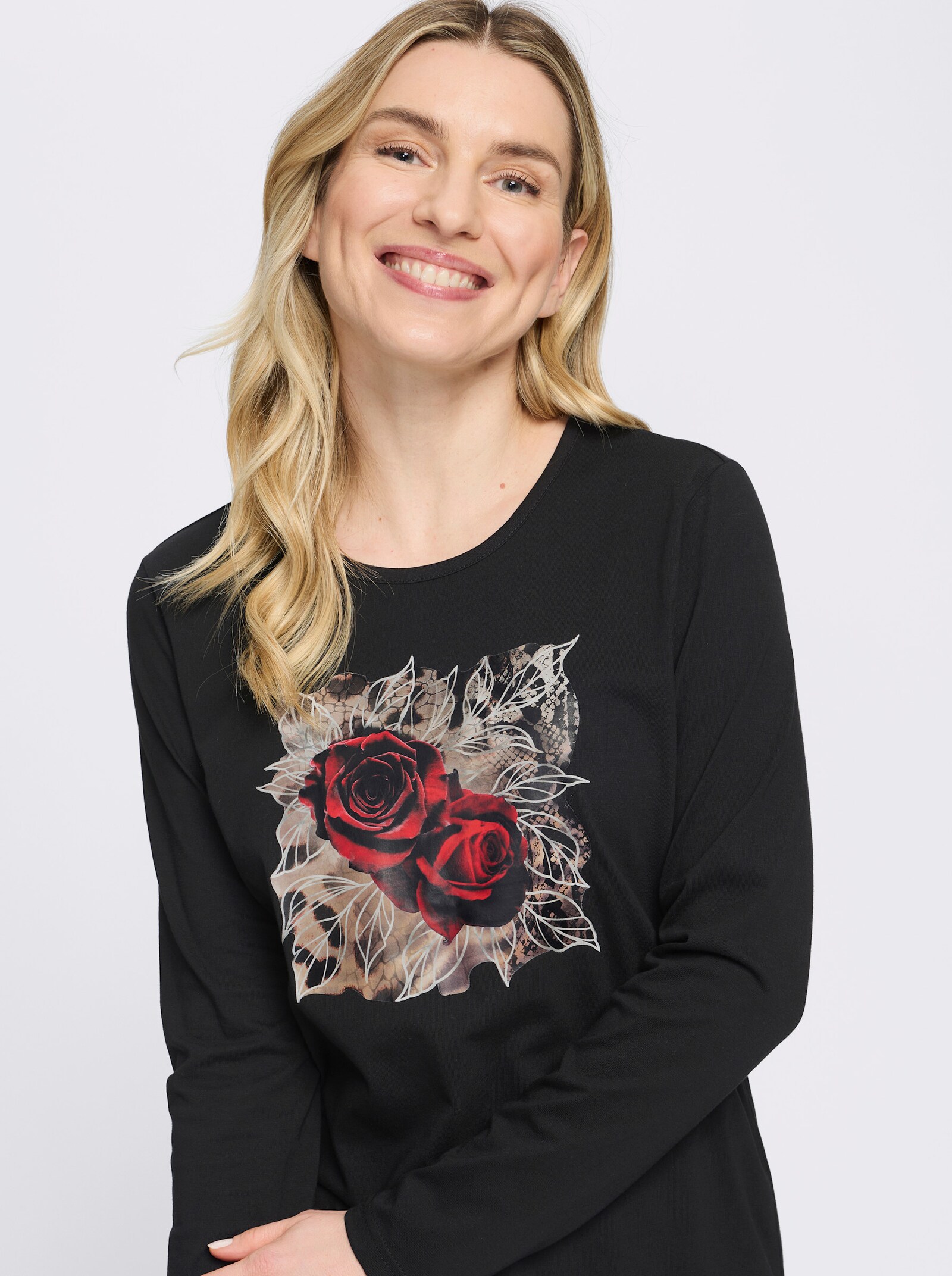 Langarmshirt mit platziertem Rosen-Leo-Print - schwarz