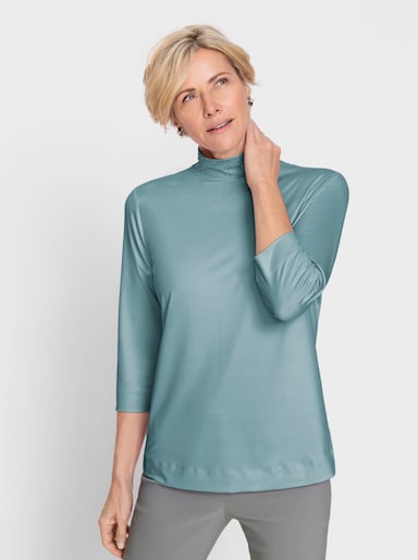 Stehkragenshirt mit Glitzersteinchen-Deko - mint
