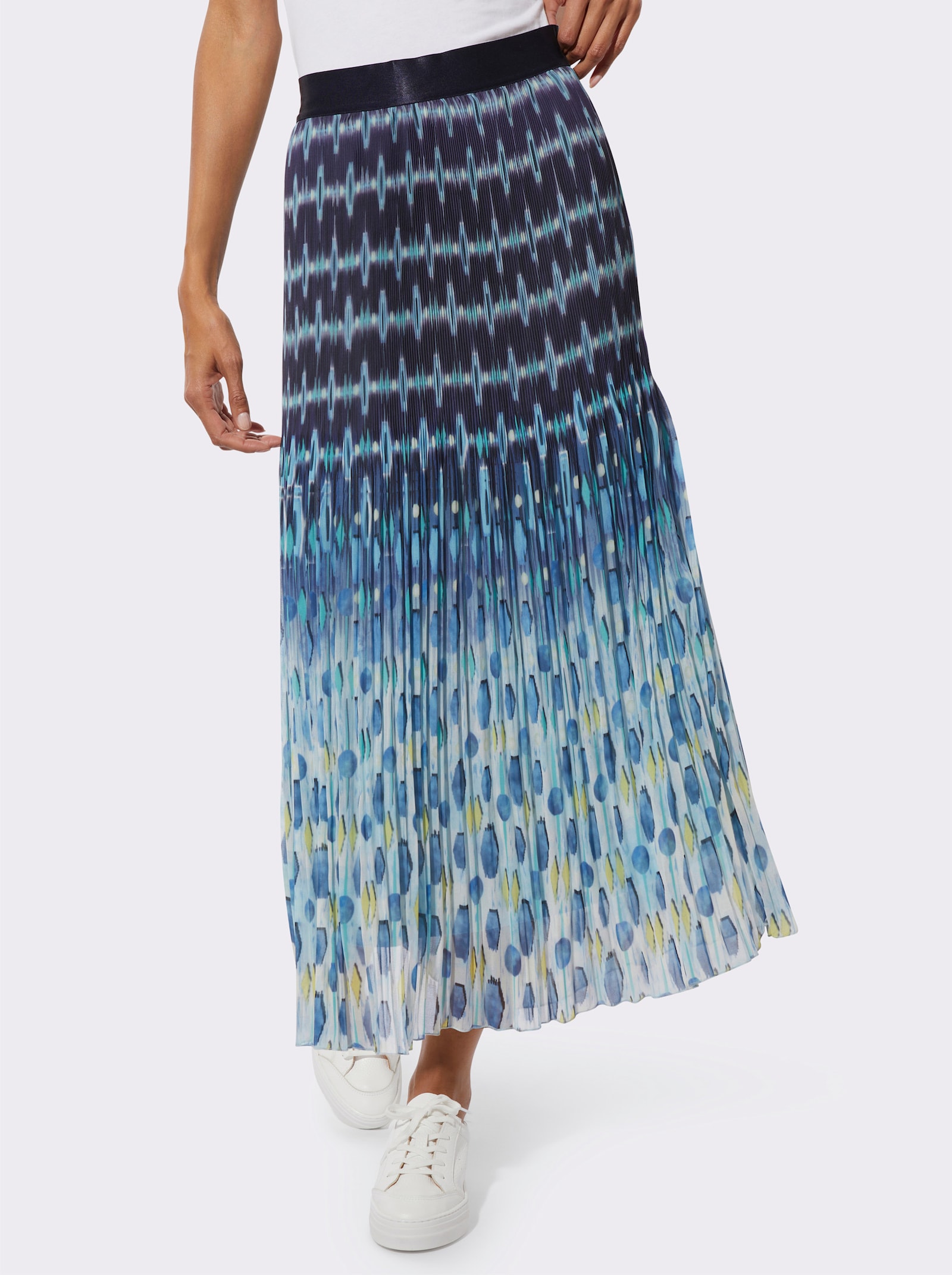 Plisseerock mit einfarbigem Elastikbund - marine-hellblau-bedruckt