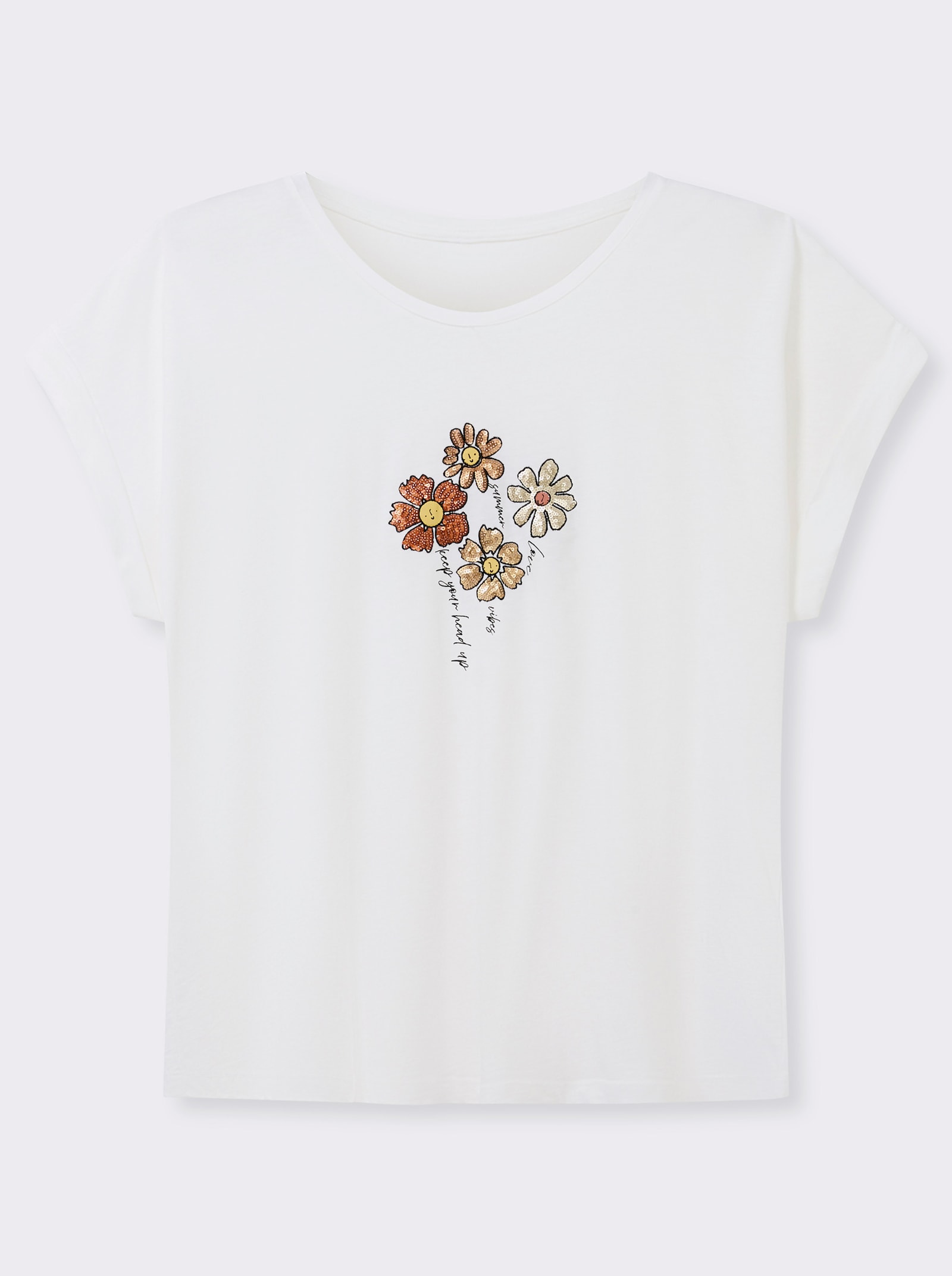 Rundhalsshirt mit Pailletten-Blüten - ecru